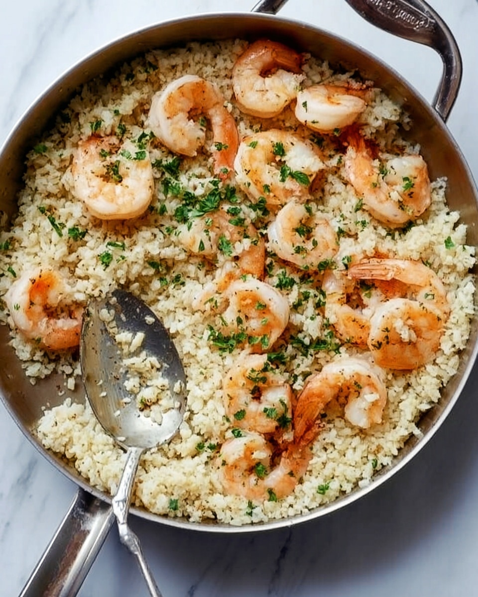 The image shows a round metal pan filled with a dish that has cooked rice as the base layer, light beige in color with a slightly fluffy texture. On top, evenly spread across the rice, are several small cooked shrimp with a light pink and white color, each shrimp curled up and showing a tender texture. There is a sprinkling of chopped green herbs scattered over the dish, adding a touch of fresh green contrast. A metal spoon rests inside the pan with some rice on it, positioned towards the lower left side. The pan is placed on a white marbled surface. Photo taken with an iphone --ar 4:5 --v 7
