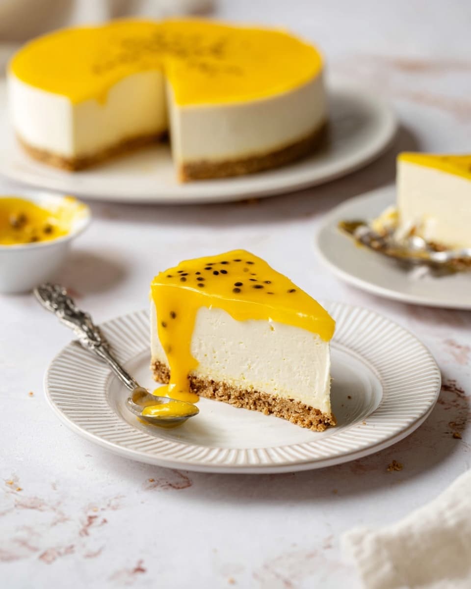 A slice of three-layered cheesecake sits centered on a white plate with textured edges, resting on a white marbled surface. The cheesecake has a light brown crumbly base, a thick creamy white middle layer, and a shiny bright yellow top layer dotted with small dark seeds. A bit of the yellow topping drips down the side, creating a natural texture contrast. In the background, another cheesecake with a slice removed sits on a larger white plate, with a silver serving spatula partially visible nearby. A small white dish with more yellow topping and a woman's hand holding a silver spoon are slightly blurred in the scene. Photo taken with an iphone --ar 4:5 --v 7