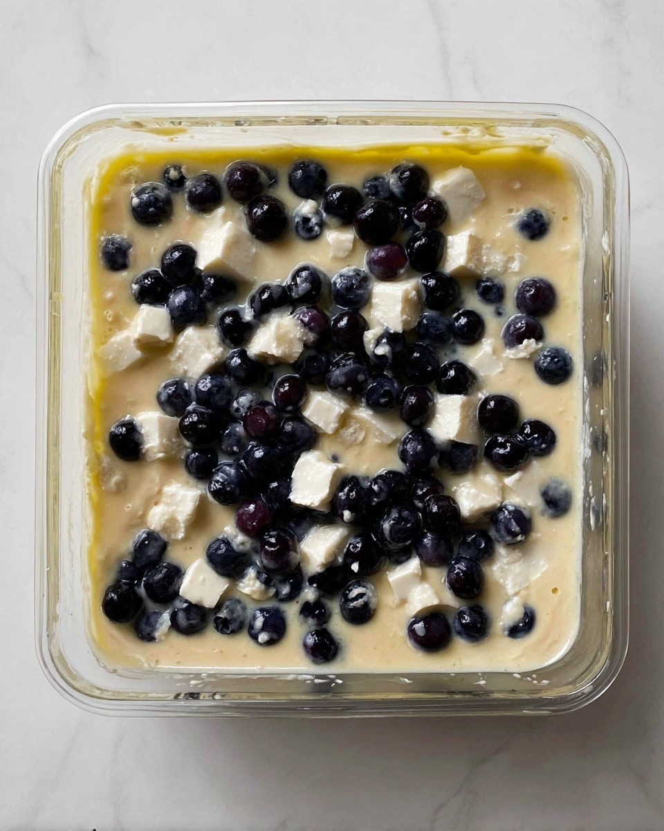 A clear glass square dish sits on a white marbled surface, filled with a creamy beige batter layer that spreads evenly across the dish. Scattered on top are fresh, dark blue blueberries that create uneven patches of deep color, along with chunks of white soft cheese or cream, irregular in shape and size, spread throughout the berry layer. The edges reveal a slight yellow tint peeking through, possibly from melted butter or oil mixing with the batter. The dish has no decoration or utensils around it. photo taken with an iphone --ar 4:5 --v 7