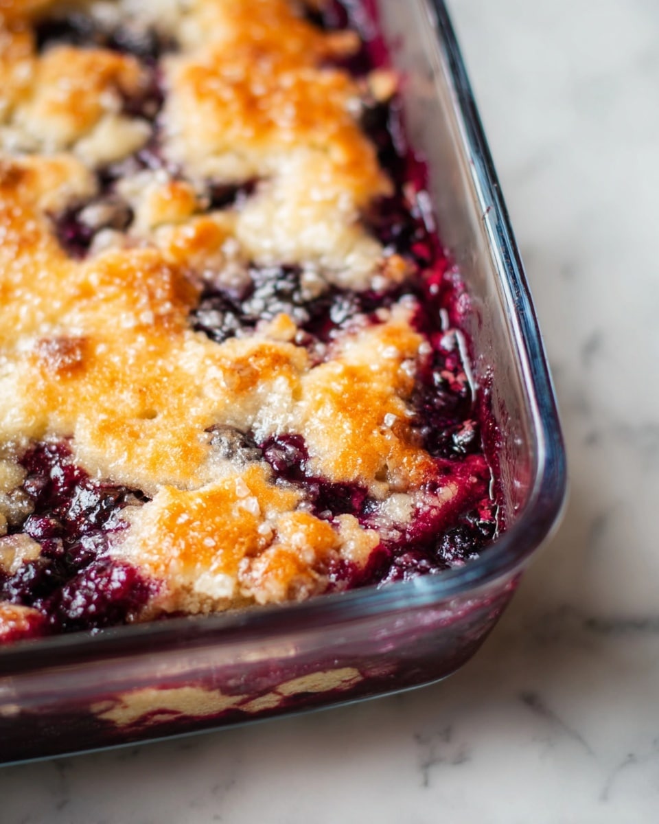 The image shows a close-up of a baked dessert in a clear glass baking dish with two visible layers. The bottom layer is deep purple, made of cooked berries, providing a rich and juicy base. The top layer is a golden brown and white mix, with a soft, bubbly texture that looks light and fluffy, slightly uneven with melted bits and berries peeking through. The dish is placed on a white marbled surface. photo taken with an iphone --ar 4:5 --v 7