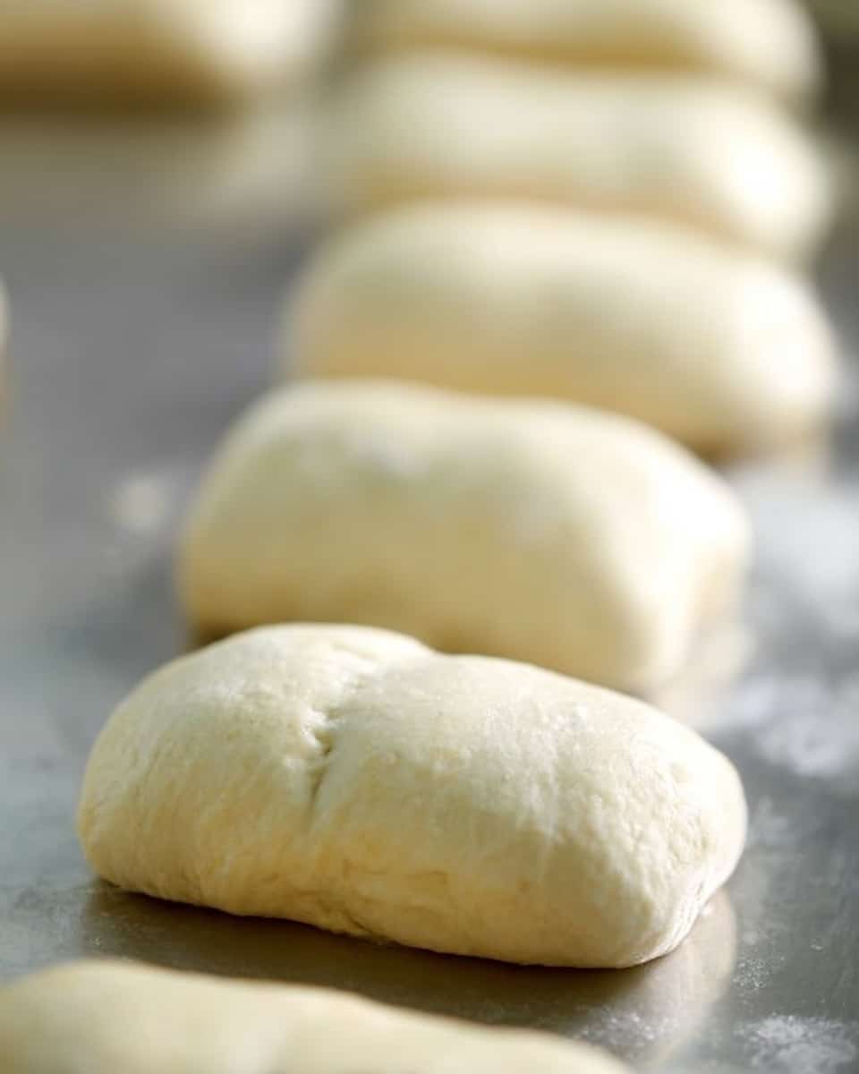 The image shows several small, plump dough pieces arranged in a line on a shiny silver baking sheet. Each dough piece is rounded rectangular with soft, pale beige color and smooth texture. The dough pieces have slight indentations or seams along the edges, giving them a handmade look. The surface beneath is shiny metal, reflecting some light softly. The image focuses on the front dough piece, with the others gradually fading out of focus in the back, creating depth in the photo. photo taken with an iphone --ar 4:5 --v 7