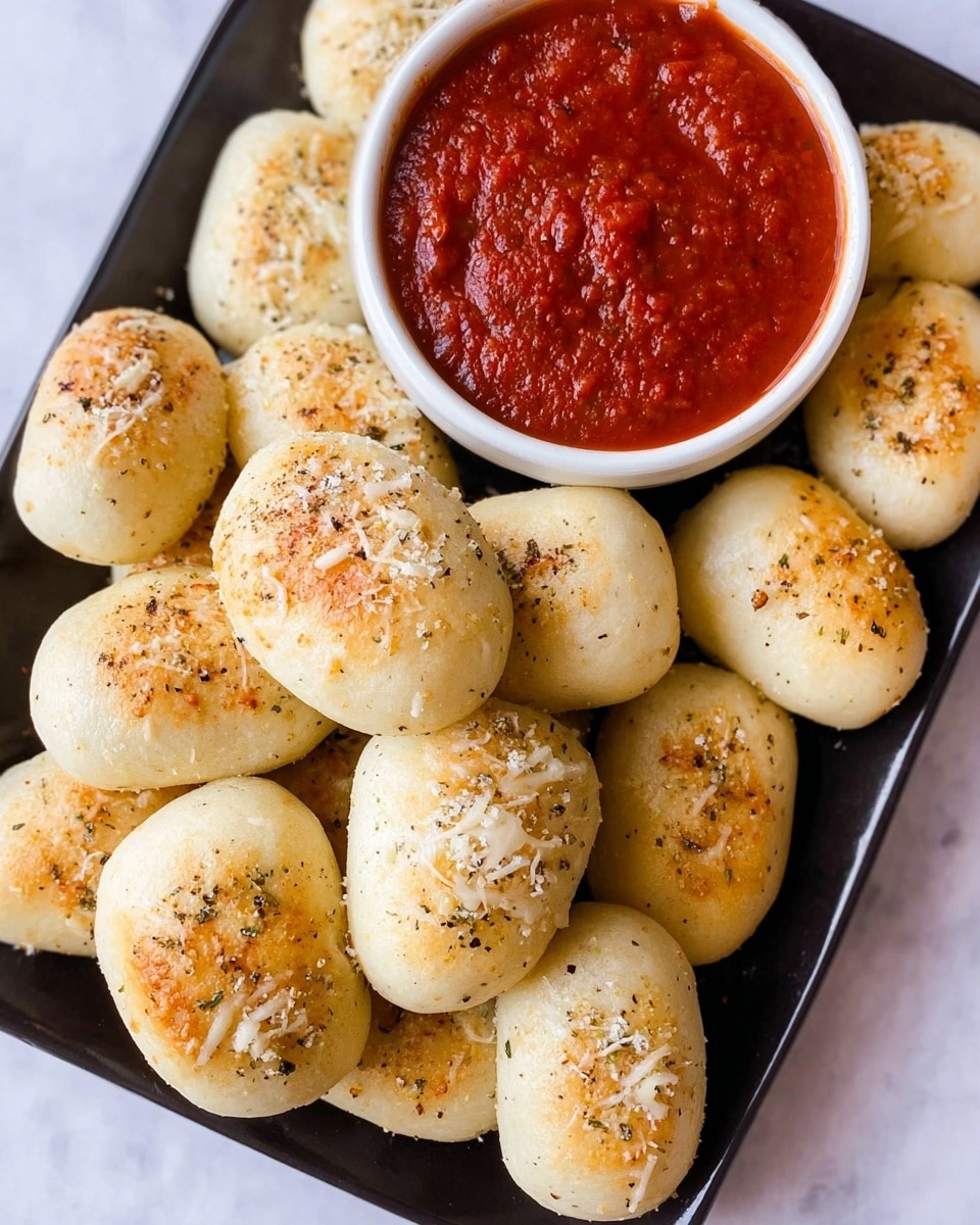 The image shows a black tray full of small, soft bread rolls with a light golden color, topped with a sprinkling of white cheese and some herbs and spices. In the top corner of the tray, there is a round white bowl filled with thick, red marinara sauce that looks chunky and rich. The whole tray rests on a white marbled surface, highlighting the colors of the bread and sauce. photo taken with an iphone --ar 4:5 --v 7