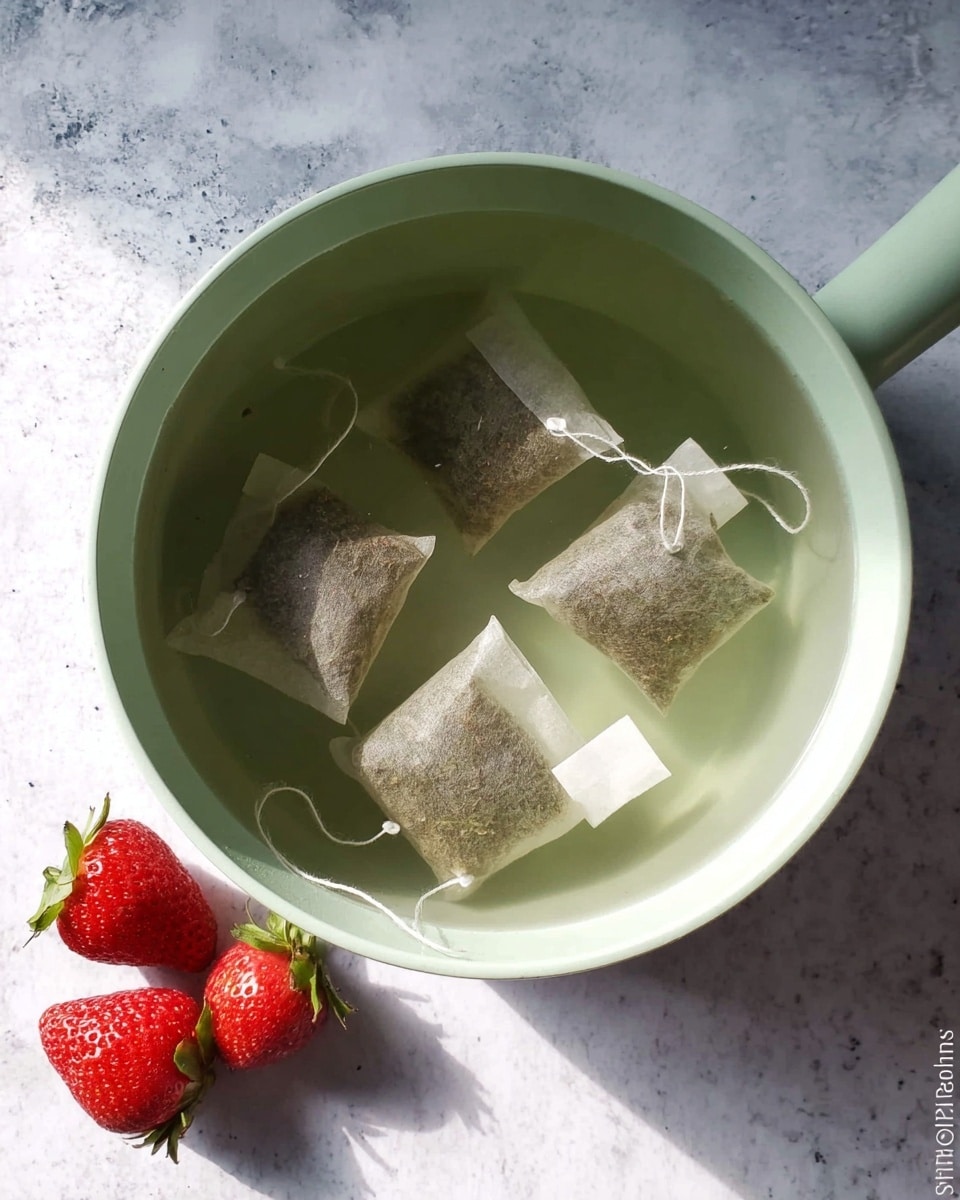The image shows four tea bags steeping in a light greenish mint-colored pot filled with clear water. The tea bags have white tags attached with strings that float on the water surface. The pot is placed on a white marbled surface, with two bright red strawberries resting nearby on the left side. The lighting is soft, highlighting the textures of the tea bags and the fresh strawberries, creating a calm kitchen scene. Photo taken with an iphone --ar 4:5 --v 7
