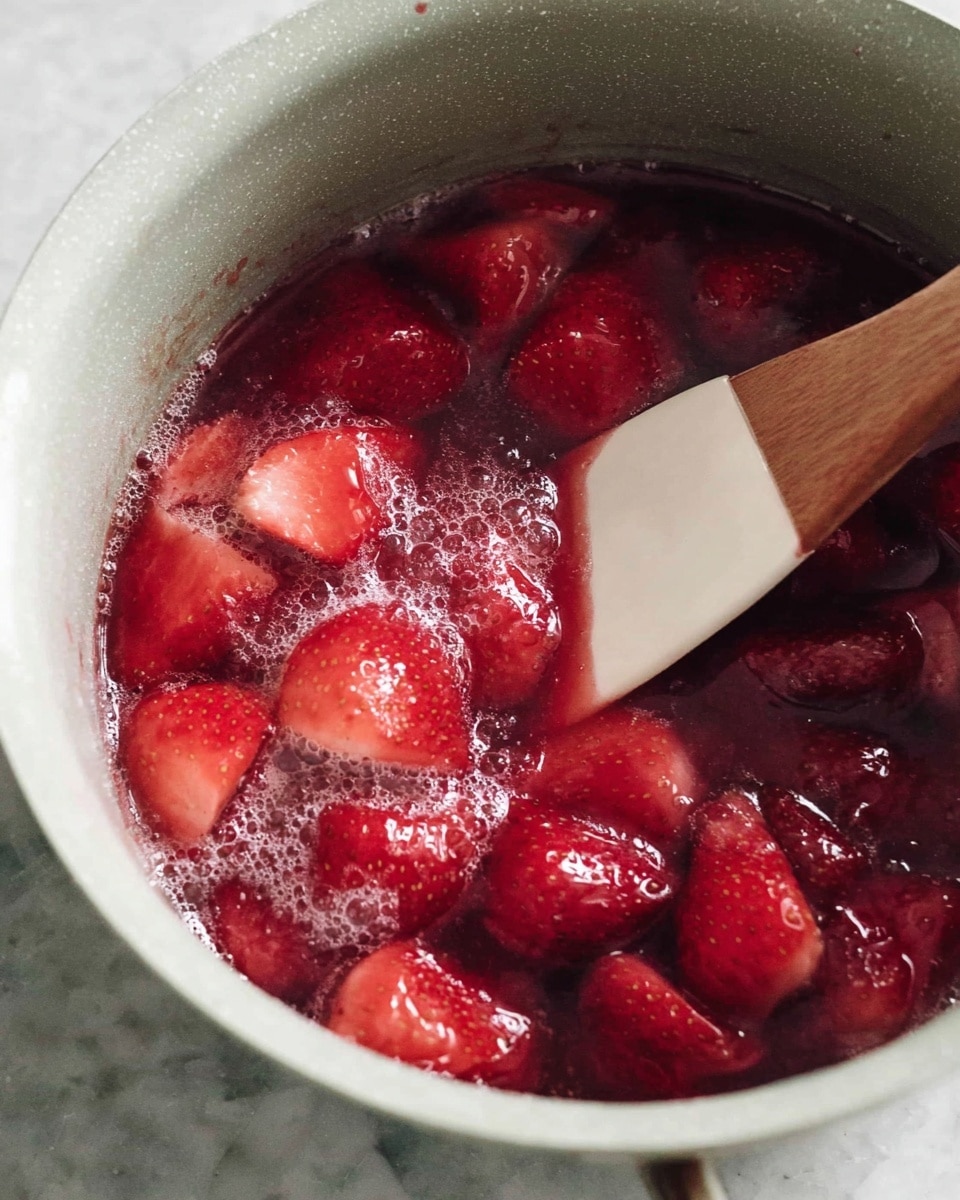 A close-up view of a pot filled with whole and halved bright red strawberries partially mixed with a bubbly red liquid. A white spatula with a wooden handle is stirring the mixture inside the pot, which has a light gray interior. The pot sits on a white marbled surface. photo taken with an iphone --ar 4:5 --v 7