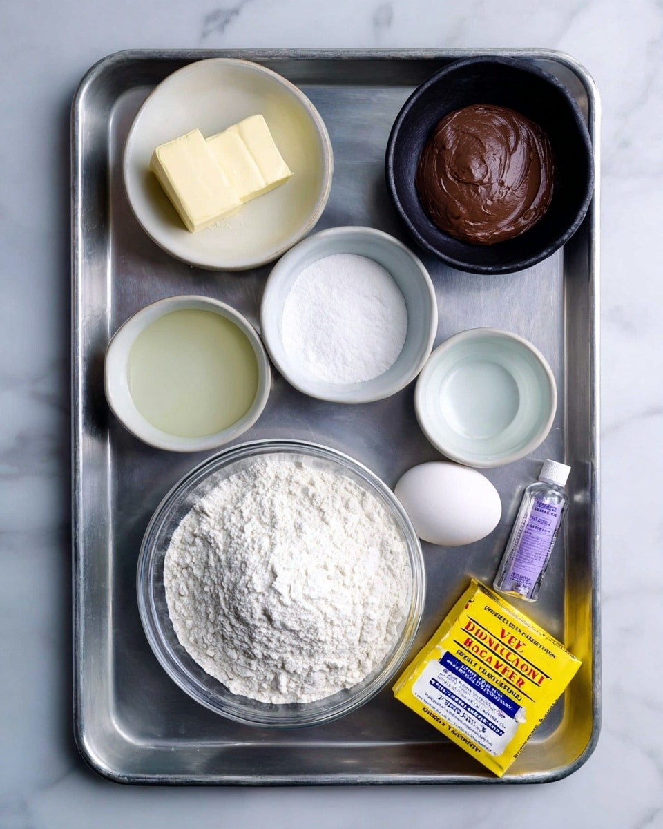 The image shows a metal tray with eight ingredients arranged neatly. In the center, there is a clear glass bowl filled with white flour, surrounded by smaller white bowls holding butter, a clear liquid, and a white powder. A black bowl at the top right contains a thick brown paste. Near the bottom right of the tray, a white egg sits next to a small bottle of violet food coloring and a yellow packet of rapid rise yeast. Everything is placed on a white marbled surface. photo taken with an iphone --ar 4:5 --v 7