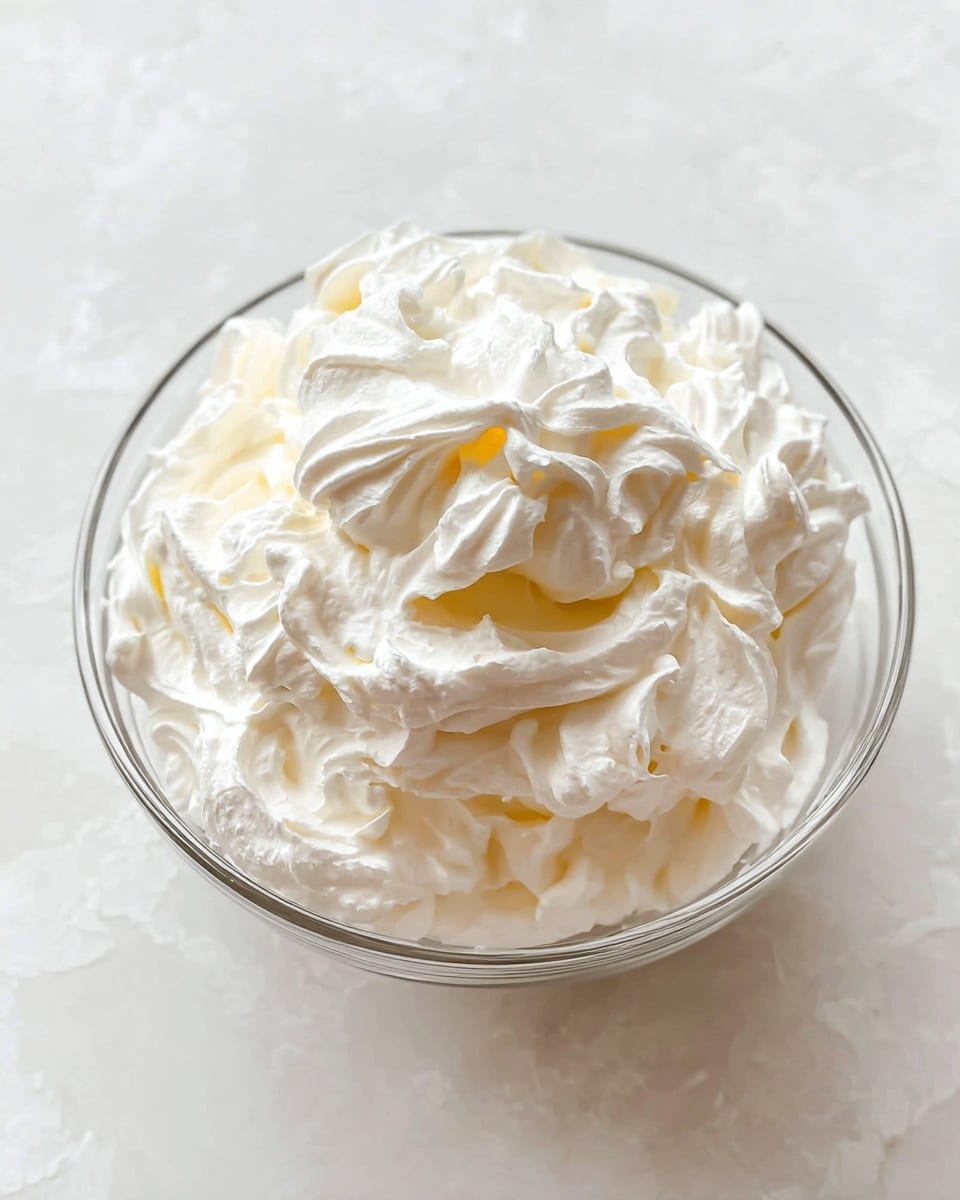 A clear glass bowl filled with one thick layer of creamy whipped topping that is white with soft peaks and swirls, showing fluffy and smooth texture. The bowl sits on a white marbled surface, making the whipped cream look fresh and light. Photo taken with an iphone --ar 4:5 --v 7