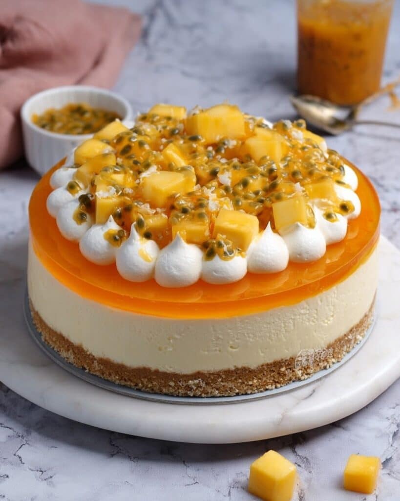 No-Bake Mango Cheesecake with Biscuit Base and Passion Fruit Topping Recipe