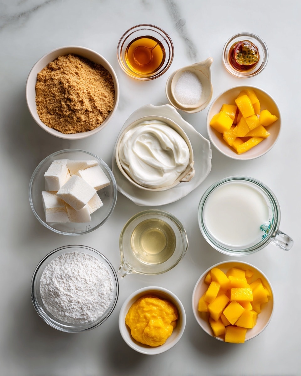 Top-down professional food photography, flat lay style, bright white marble countertop, neatly arranged, evenly spaced, tidy, clean organized layout, include: bowl of crushed digestive biscuits, small glass cup of melted unsalted butter, small bowl of mango pulp, small bowl of gelatine granules, glass measuring cup of boiling water, bowl of full-fat soft cheese, small bowl of icing sugar, glass measuring cup of double cream, small bowl of mango chunks, small bowl of passion fruit pulp, bright soft natural lighting, sharp focus, high detail textures, realistic reflections, professional DSLR look, 4K, no finished dish, no cooked food, no hands, no text, no watermark, no brand logos --ar 4:5 --v 7