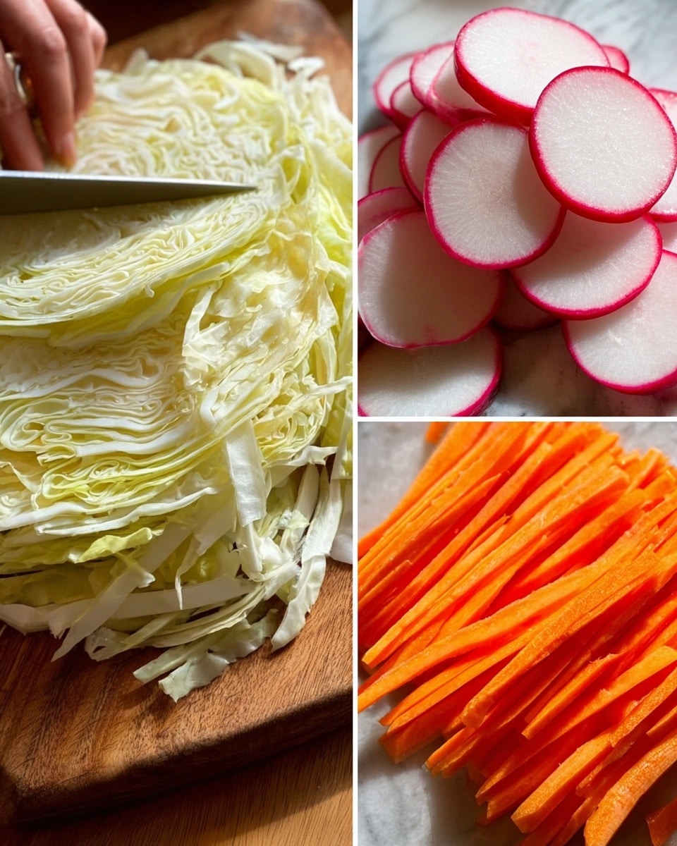 The image is divided into three parts showing fresh vegetables being prepared on a wooden board. On the left side, a woman's hand holds a knife slicing thin, pale green cabbage leaves layered closely together. The top right section shows several thinly sliced radishes with a white center and bright red edges laid flat on the board. The bottom right section displays thin, orange carrot sticks neatly stacked in a pile. The background is a white marbled surface photo taken with an iphone --ar 4:5 --v 7