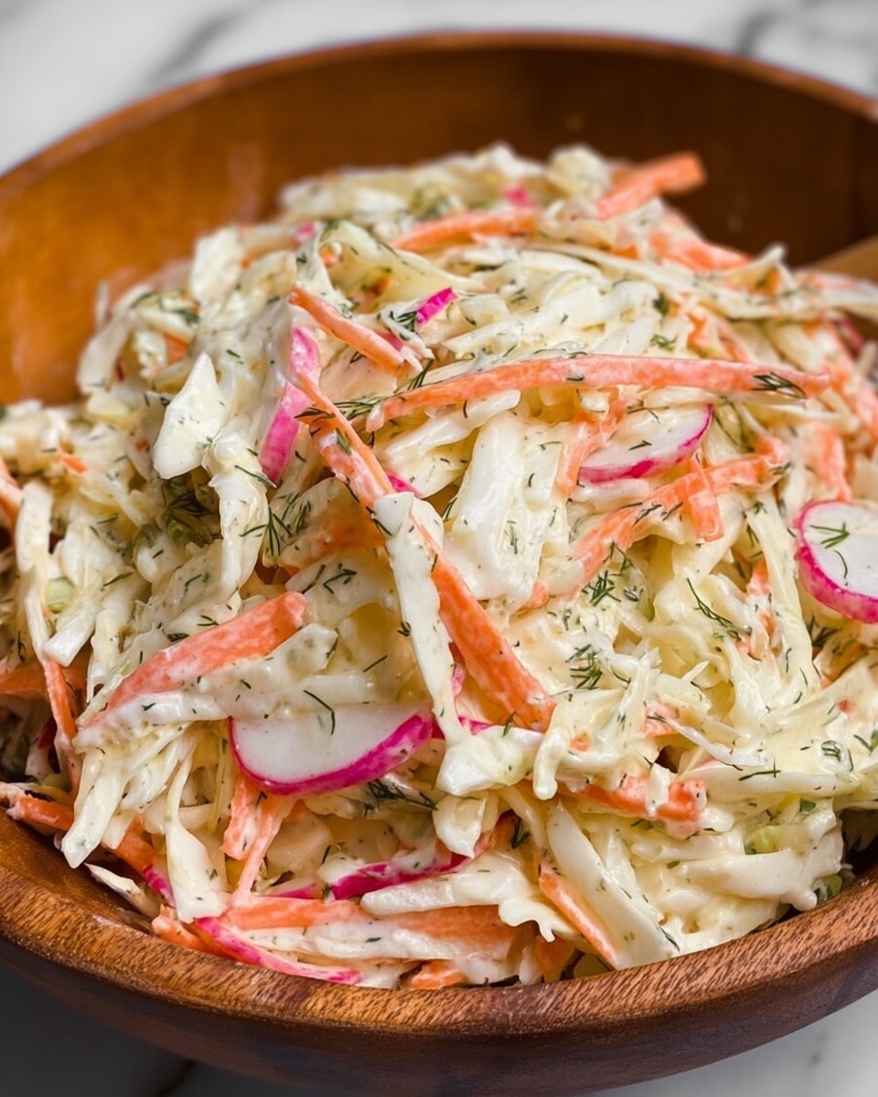 The image shows a wooden bowl filled with a fresh coleslaw salad made of thin white cabbage strips mixed with orange carrot sticks and thinly sliced radish pieces with pink edges, scattered throughout. Small green dill pieces are also mixed in, adding a touch of color. The salad looks creamy with a light dressing coating all the vegetables evenly. The background has a white marbled texture. Photo taken with an iphone --ar 4:5 --v 7