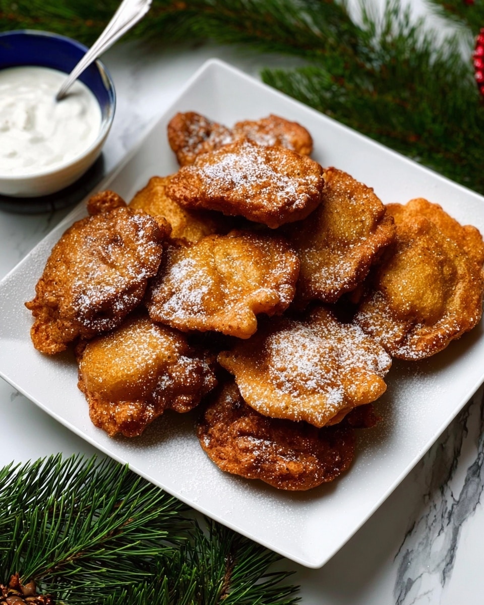 A white square plate holds eight golden brown fritters with uneven shapes and slightly crispy edges, sprinkled lightly with white powdered sugar on top. The fritters have a rough texture and some darker spots showing they are well cooked. To the left of the plate, there is a white bowl with a blue edge, containing a white creamy sauce and a silver spoon. Some green pine branches are placed around the plate on a white marbled surface, adding a festive touch. photo taken with an iphone --ar 4:5 --v 7