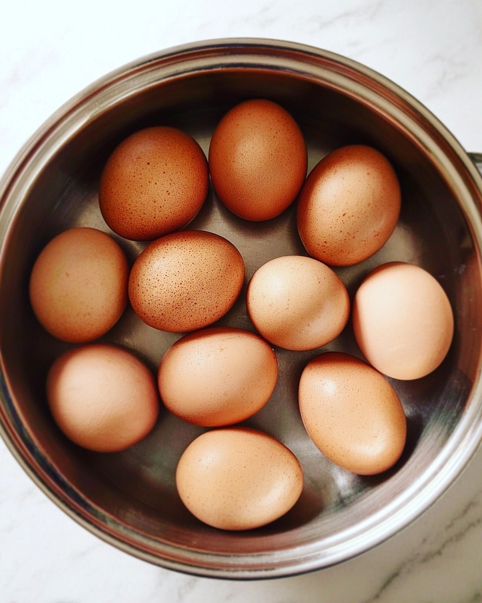 A top view of a metal pot filled with a dozen brown eggs resting on the bottom. The eggs are spread out in a loose cluster, showing their smooth shells with light brown speckles. The pot has a shiny silver inside and slightly curved sides. The background is a white marbled texture. photo taken with an iphone --ar 4:5 --v 7