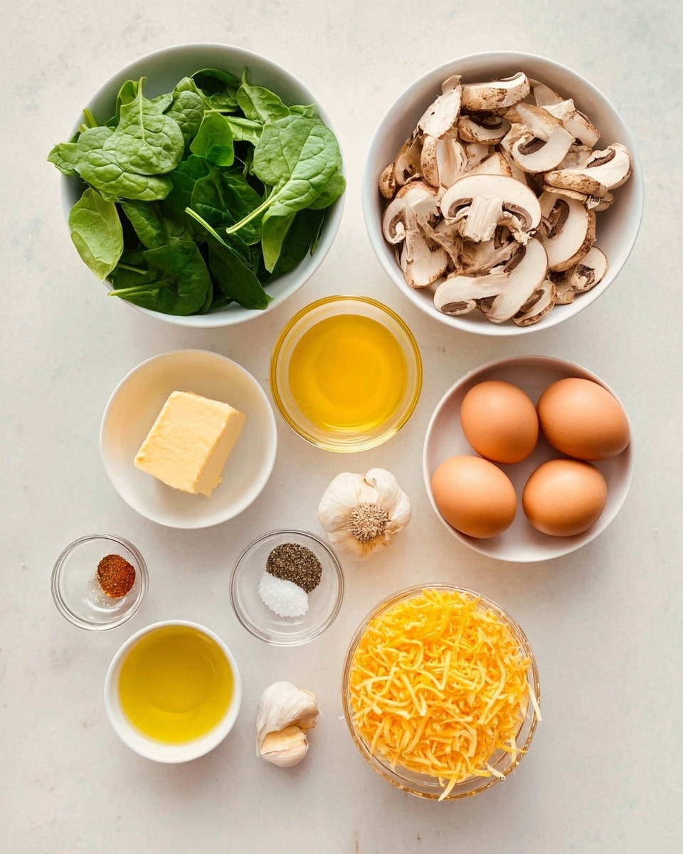 The image shows a top view of eight white bowls arranged on a white marbled surface. The largest bowl at the top center is filled with sliced light brown mushrooms, showing their white undersides and gills. To the left, a medium white bowl contains fresh green spinach leaves with their smooth texture and stems. Below it, a small white bowl holds soft yellow butter. In the center, a medium white bowl holds four brown eggs with smooth shells. Below and slightly left, a tiny white bowl contains coarse salt and black pepper. Below and slightly right, a small bowl holds yellow olive oil with a shiny surface. To the right of the eggs, a small cluster of three peeled garlic cloves rests beside a tiny clear glass bowl filled with a mix of various spices in brown, red, and beige tones. At the bottom right, a medium white bowl contains a fluffy pile of shredded orange cheddar cheese. The clean, organized layout and bright lighting create a fresh and simple cooking preparation scene photo taken with an iphone --ar 4:5 --v 7