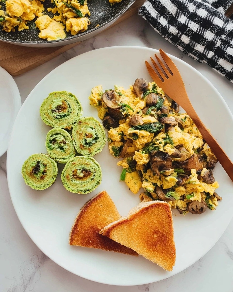 The image shows a white plate with three different food items arranged neatly. On the right side, there is a scrambled egg mix with green leafy vegetables and small brown mushroom pieces, with a light fluffy texture and yellow-green colors mixed together. Below the eggs are two small pieces of golden-brown toasted bread, crispy and slightly charred on the edges. On the left side of the plate, there are three green spiraled rolls, each with visible layers of light and dark green, creating a swirl pattern. A wooden-colored fork rests partially on the egg mix. In the background, there is a pan containing more of the scrambled eggs and a black-and-white checkered cloth on a white marbled surface. Photo taken with an iphone --ar 4:5 --v 7