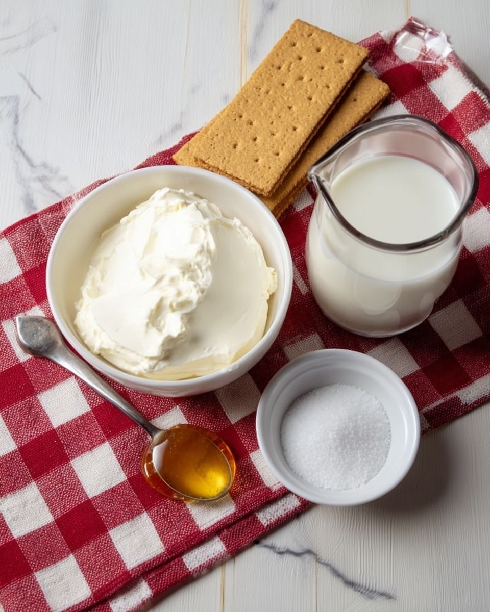 The image shows a white bowl filled with thick, creamy white cheese on the left side. Next to it, slightly raised above, are three rectangular graham crackers leaning against a bag. To the right of the crackers, there is a clear glass container filled with white milk. Below the milk container is a small white bowl filled with white granulated sugar. A silver teaspoon with a small amount of golden honey rests on a red and white checkered cloth, which covers part of the white marbled surface background. The whole setup is simple and clean. photo taken with an iphone --ar 4:5 --v 7