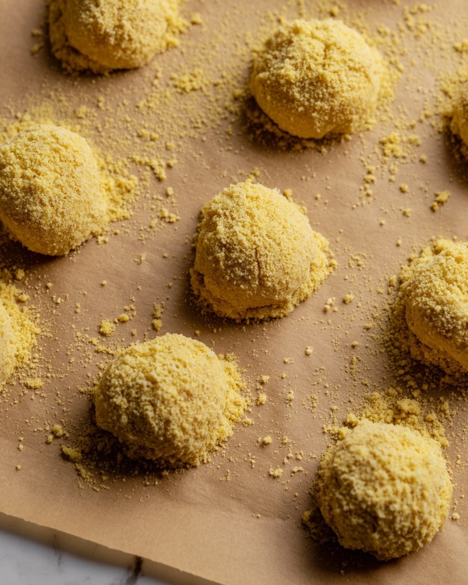 Several round dough balls coated in a crumbly yellow mixture are evenly spaced on brown parchment paper, which lies flat on a white marbled surface. Each dough ball has a rough texture and is shaped like a small mound. There are no other objects in the image, and the lighting highlights the details of the crumbs. photo taken with an iphone --ar 4:5 --v 7