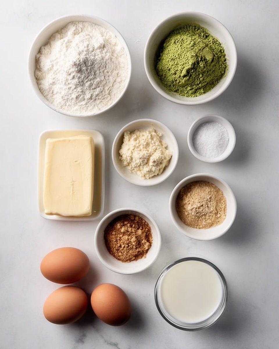 A top view of 10 small white bowls and containers arranged neatly on a white marbled surface, each holding different ingredients for baking; at the top left, a large white bowl filled with white flour powder, next to it on the right is a smaller white bowl with green matcha powder. Below them on the left is a thick slab of light yellow butter resting on the marbled surface. In the middle row, three white bowls hold light brown brown sugar, finely crushed nuts or brown powder, and white salt powder, from left to right. At the bottom left, there are three brown eggs placed on the white marbled surface beside two smaller white bowls, one empty and one with vanilla extract. On the right bottom corner is a small glass bowl filled with white milk. The photo has a bright and clean look, photo taken with an iphone --ar 4:5 --v 7