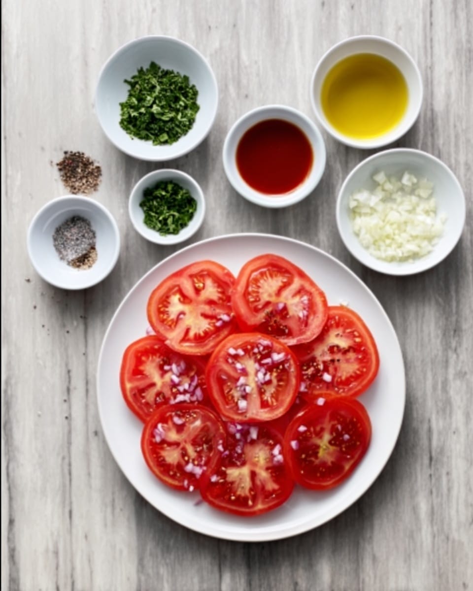 A round white plate is filled with one layer of sliced red tomatoes arranged in a slightly overlapping circle. Surrounding the plate are eight small white bowls containing finely chopped onions, minced garlic, chopped green herbs, oil, red sauce, black pepper and salt, and other green chopped herbs. The entire setup is on a white marbled surface. photo taken with an iphone --ar 4:5 --v 7