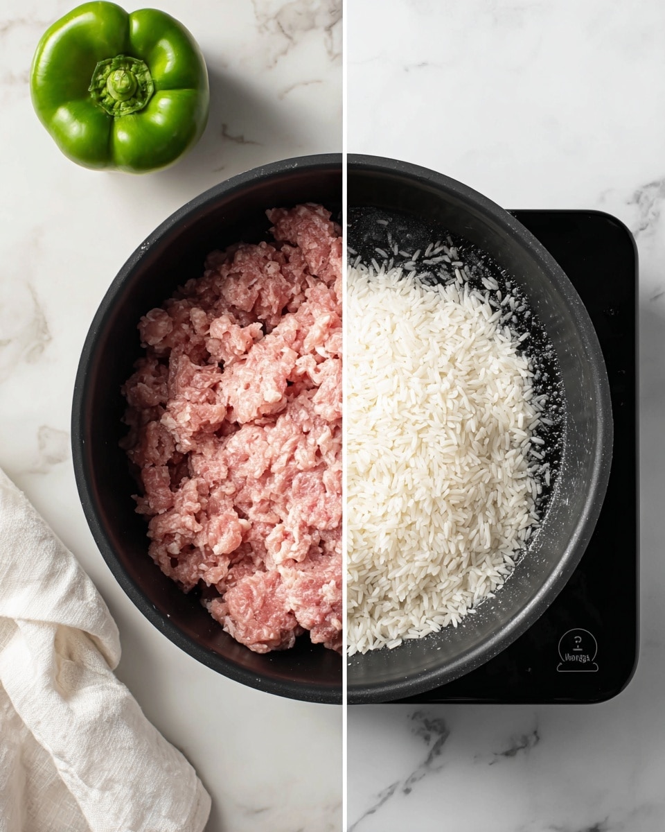 The image shows two side-by-side photos. The left photo displays a black pot containing raw ground meat with a pinkish color and rough texture. Behind the pot, there is a green bell pepper and a white cloth on a white marbled surface. The right photo shows white rice soaking or cooking in a black pot with some water covering the rice, seen on a black stove top with white speckles, placed on a white marbled surface. Photo taken with an iphone --ar 4:5 --v 7