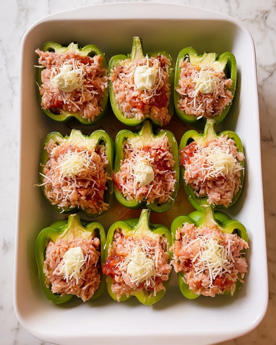 The image shows a white rectangular baking dish with nine green bell pepper halves arranged in three rows, each filled with a mixture of cooked rice mixed with small pieces of light pink meat and some tomato sauce visible on top. Each stuffed pepper is topped with a small pile of shredded white cheese, adding texture and color contrast to the red rice and green peppers. The rice filling has a slightly grainy texture, and the peppers have a smooth, shiny surface. The background is a white marbled surface. Photo taken with an iphone --ar 4:5 --v 7
