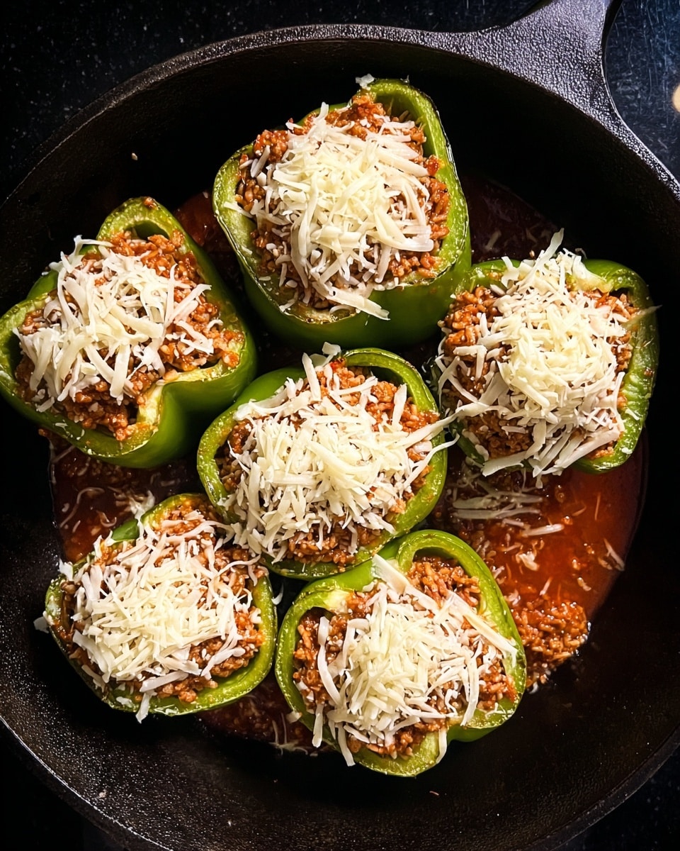 The image shows six green bell pepper halves arranged closely in a black cast iron pan. Each pepper half is filled with a ground meat and rice mixture that has a reddish-brown color, likely from tomato sauce mixed in. On top of each stuffed pepper, there is a layer of shredded white cheese, with strands varying in thickness. The black pan contrasts with the vibrant green peppers and the creamy white cheese, while a bit of red sauce is seen pooling around the peppers at the bottom of the pan. The setting includes a dark surface outside the pan that has a shiny texture. Photo taken with an iphone --ar 4:5 --v 7