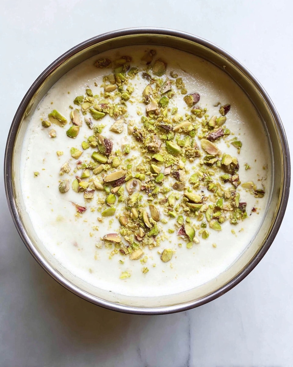 The image shows a metal bowl filled with a creamy white mixture that has a smooth and thick texture. On top, there is a scattered layer of chopped pistachio nuts in shades of light green and brown, adding color and texture contrast. The bowl is set against a white marbled surface, which enhances the clean and fresh look of the dish. Photo taken with an iphone --ar 4:5 --v 7