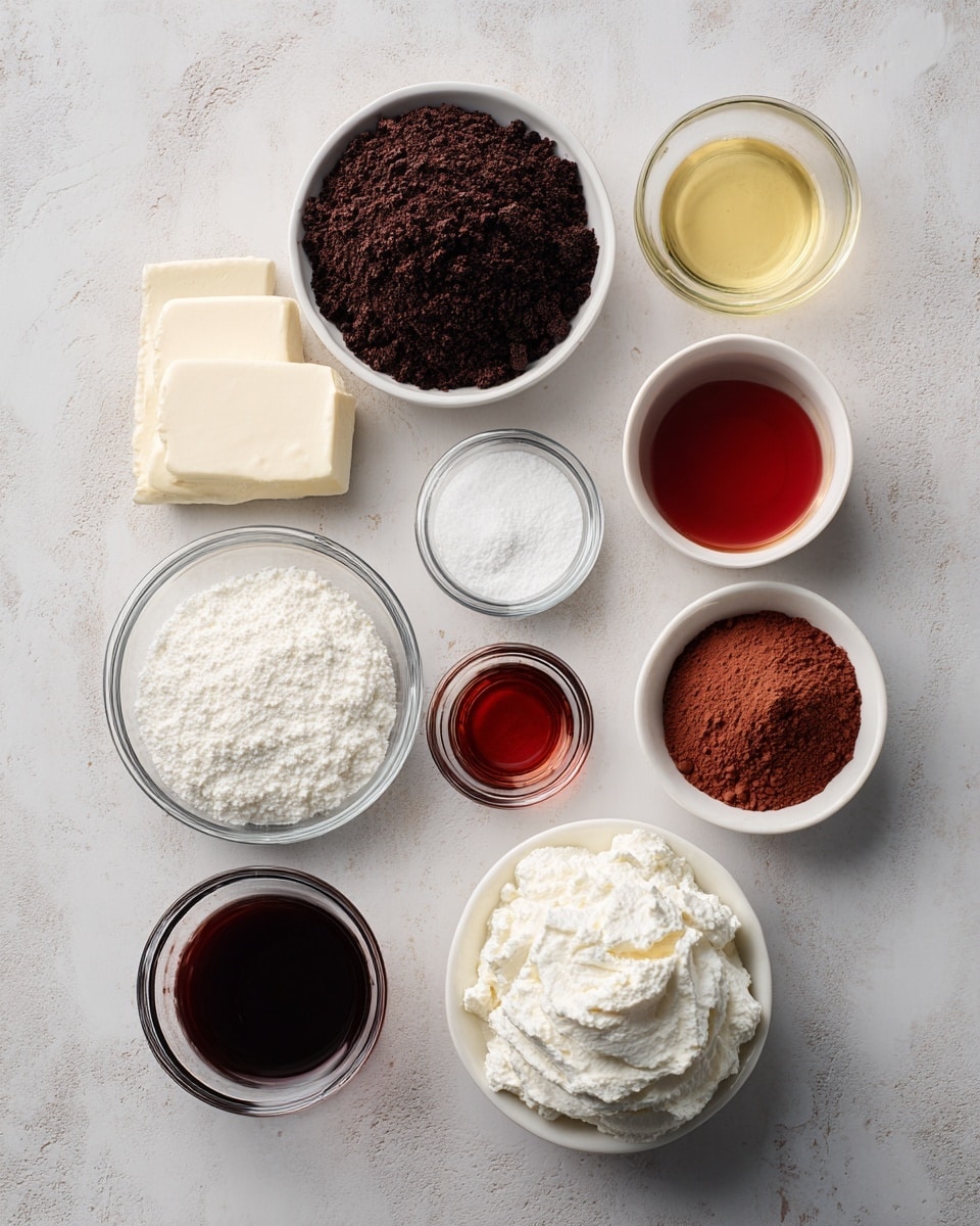 Top-down professional food photography, flat lay style, bright white marble countertop, neatly arranged, evenly spaced, tidy, clean organized layout. Include: bowl of chocolate sandwich cookie crumbs, small glass cup of melted butter, bowl of cream cheese, bowl of sour cream, small bowl of sugar, small bowl of red food coloring, small bowl of cocoa powder, small glass bottle of vanilla flavoring, bowl of frozen whipped topping thawed. Bright soft natural lighting, sharp focus, high detail textures, realistic reflections, professional DSLR look, 4K, no finished dish, no cooked food, no hands, no text, no watermark, no brand logos --ar 4:5 --v 7