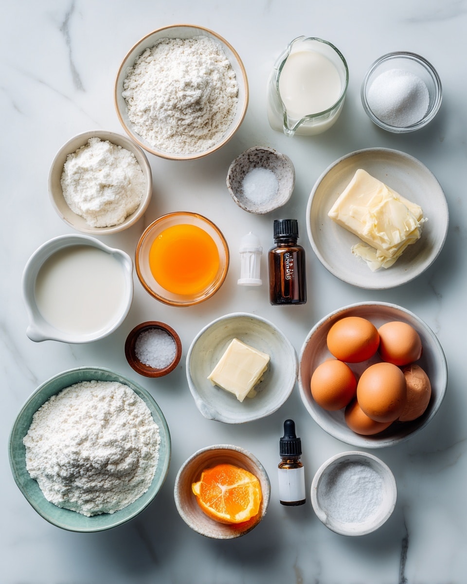 Top-down professional food photography, flat lay style, bright white marble countertop, neatly arranged, evenly spaced, tidy, clean organized layout. Include: bowl of all-purpose flour, small bowl of baking powder, small bowl of coarse salt, small bowl of granulated sugar, small plate of unsalted butter, small plate of large eggs, small bowl of fresh orange zest, small glass cup of fresh orange juice, glass measuring cup of whole milk, small bottle of vanilla flavoring, small bottle of orange flavoring essence, dropper bottle with orange food coloring. Bright soft natural lighting, sharp focus, high detail textures, realistic reflections, professional DSLR look, 4K, no finished dish, no cooked food, no hands, no text, no watermark, no brand logos --ar 4:5 --v 7