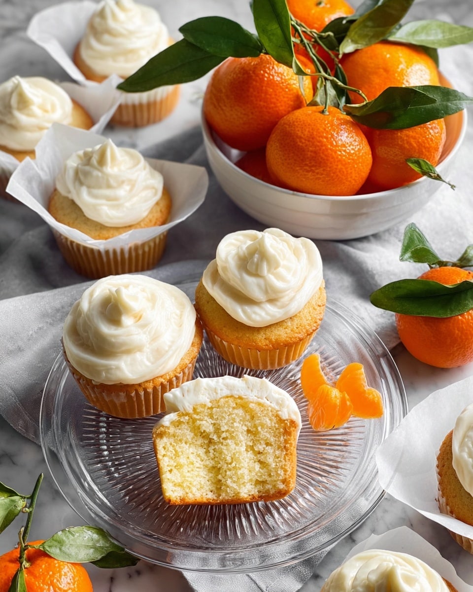 The image shows several freshly baked cupcakes with light golden bases, each topped with a thick swirl of creamy white frosting. One cupcake is cut open, revealing its soft, moist, and fluffy yellow interior. The cupcakes are placed on a clear glass plate with a shiny, textured pattern in the center, and a small orange slice rests on the plate beside one cupcake. Surrounding the plate are more cupcakes, all in white parchment wrappers. In the top part of the image, a white bowl is filled with bright orange tangerines with green leaves, set on a light gray cloth over a white marbled surface. Photo taken with an iphone --ar 4:5 --v 7