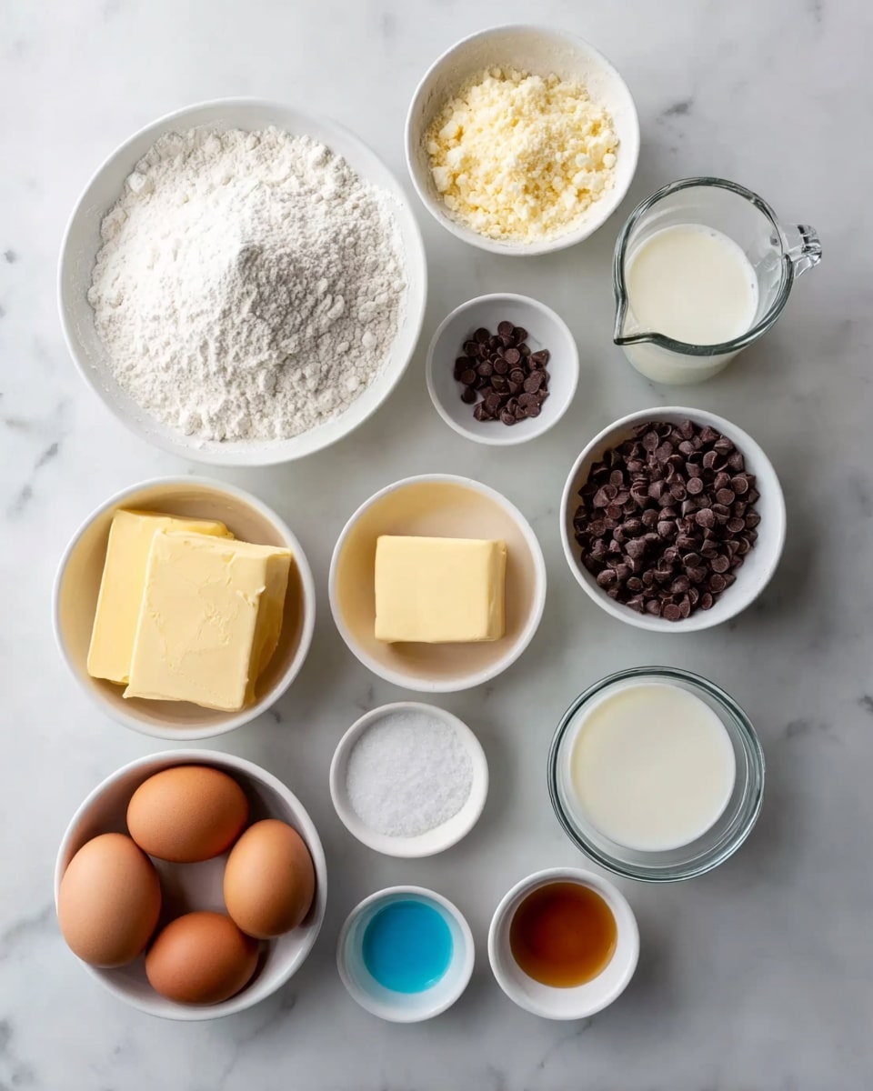 Twelve small white bowls and a glass cup are arranged neatly on a white marbled surface. The bowls contain different baking ingredients: one has white flour with a small mound in the center, another has light brown chocolate chips, and one holds two square blocks of pale yellow butter. Three brown eggs sit together beside a white bowl of powdered sugar. The glass cup is filled with milk, and other bowls contain white salt, bright blue food coloring, clear golden syrup, vanilla extract, and a small cup of cream. The arrangement is clean and organized, showing all ingredients clearly. Photo taken with an iphone --ar 4:5 --v 7