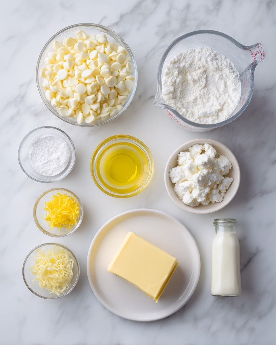 Top-down professional food photography, flat lay style, bright white marble countertop, neatly arranged, evenly spaced, tidy, clean organized layout, include: bowl of white chocolate chips, small plate of unsalted butter, glass measuring cup of heavy whipping cream, small bowl of powdered sugar, small bowl of fresh lemon zest, small glass cup of fresh lemon juice, small bottle with yellow food coloring drops, bright soft natural lighting, sharp focus, high detail textures, realistic reflections, professional DSLR look, 4K, no finished dish, no cooked food, no hands, no text, no watermark, no brand logos --ar 4:5 --v 7