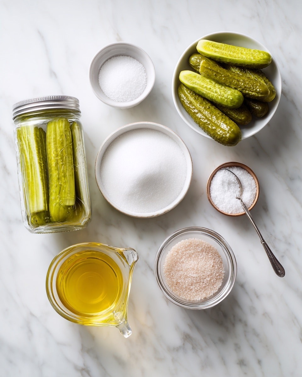 Top-down professional food photography flat lay style, bright white marble countertop, neatly arranged, evenly spaced, tidy, clean organized layout, include: jar of dill pickle spears, small bowl of granulated sugar, small bowl of Kool Aid powder, glass measuring cup of pickle juice, bright soft natural lighting, sharp focus, high detail textures, realistic reflections, professional DSLR look, 4K, no finished dish, no cooked food, no hands, no text, no watermark, no brand logos --ar 4:5 --v 7