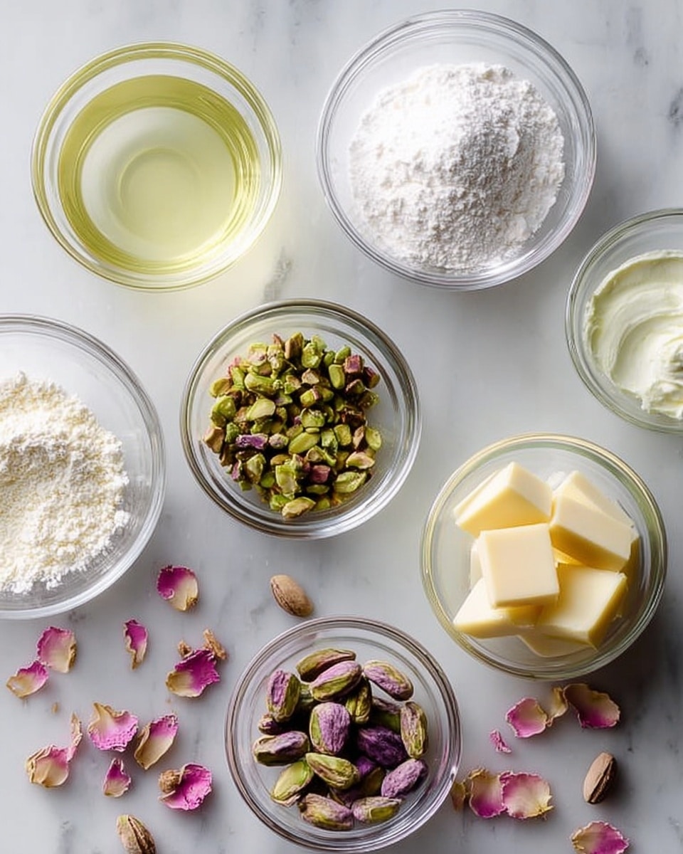 The image shows small clear glass bowls arranged on a white marbled surface. Each bowl contains different ingredients: one with a pale yellow liquid, two with white powders, one with a creamy white substance, one with chopped green pistachios, one with whole green pistachios with purple skins, and one with several small blocks of light yellow butter. Around the bowls, a few loose pistachio pieces and pink rose petals are scattered. The lighting is bright and natural, highlighting the textures and colors of the ingredients. Photo taken with an iphone --ar 4:5 --v 7