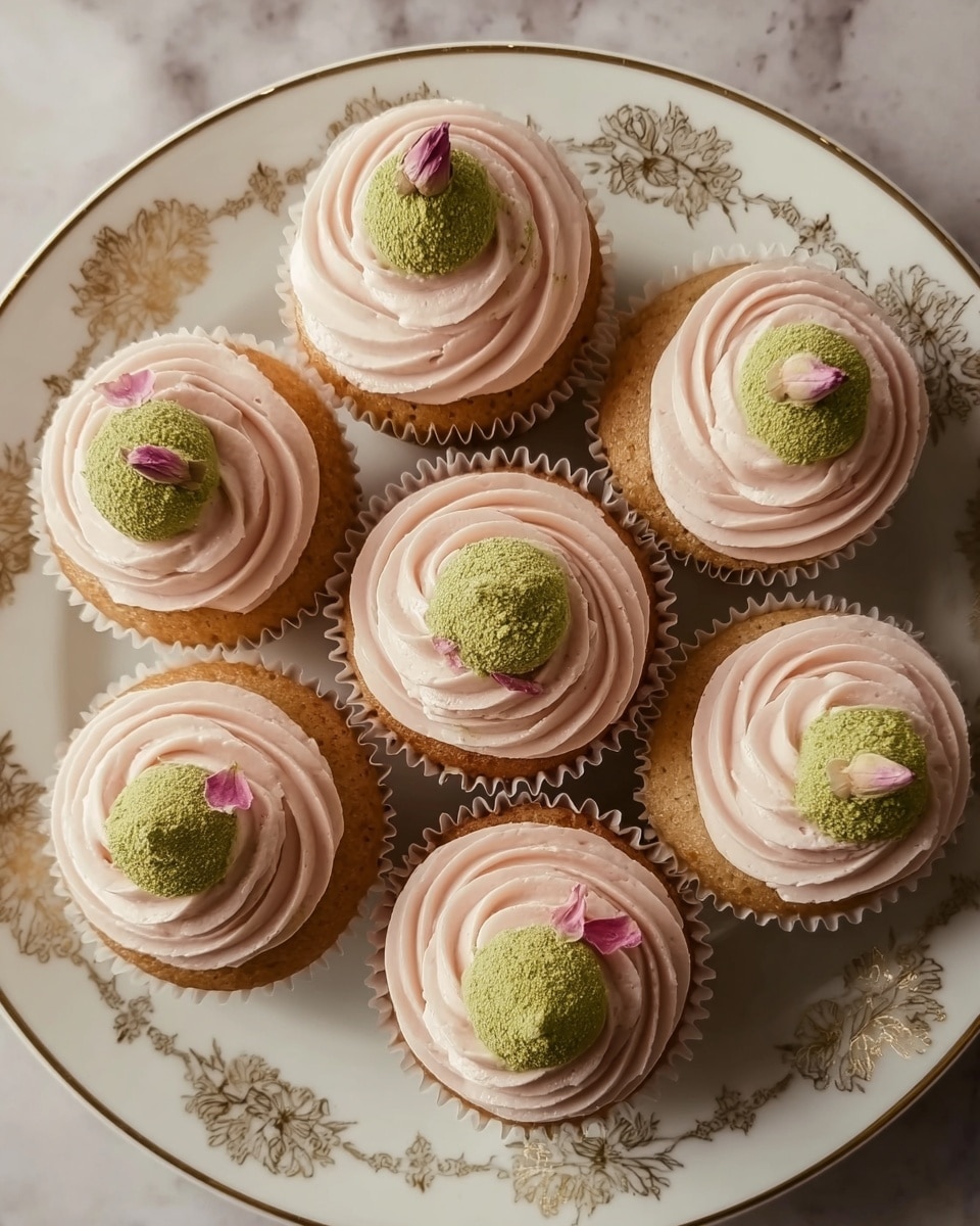 Six cupcakes arranged on a white plate with a gold floral pattern and edge, placed on a white marbled surface. Each cupcake has a base of light brown cake topped with a smooth, pale pink frosting piped in a circular swirl, creating three visible layers of soft texture. In the center of each frosting swirl is a round light green topping dusted with fine green powder, and each has a small pink petal on top. The arrangement forms a circle, with one cupcake in the middle and the rest around it. photo taken with an iphone --ar 4:5 --v 7