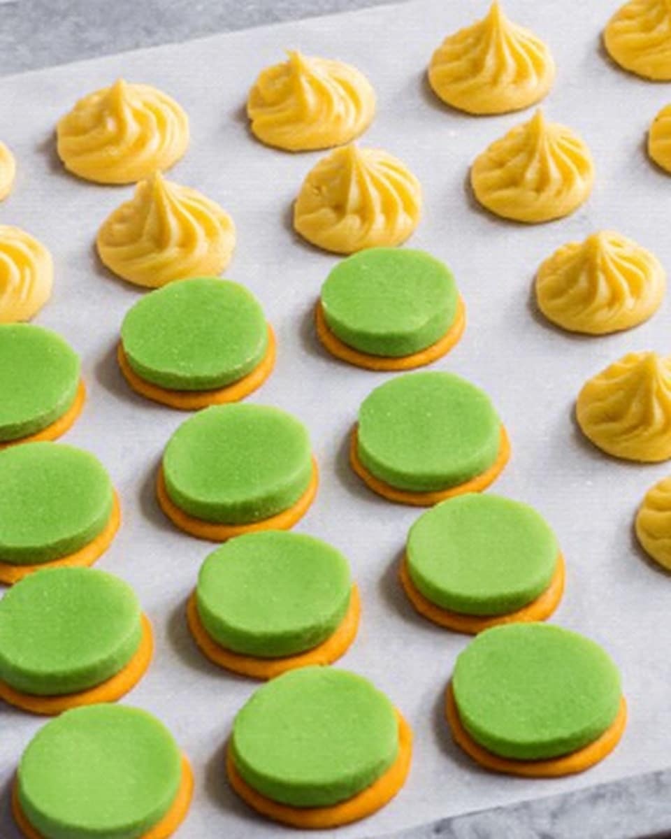 The image shows a white sheet with small round layers of dough arranged neatly in rows. Each piece has two layers: the bottom layer is orange with a smooth texture, and the top layer is bright green with a flat, matte surface. There are also yellow dollops of dough with a swirled texture placed above the rows of layered dough. The background is a white marbled surface. Photo taken with an iphone --ar 4:5 --v 7