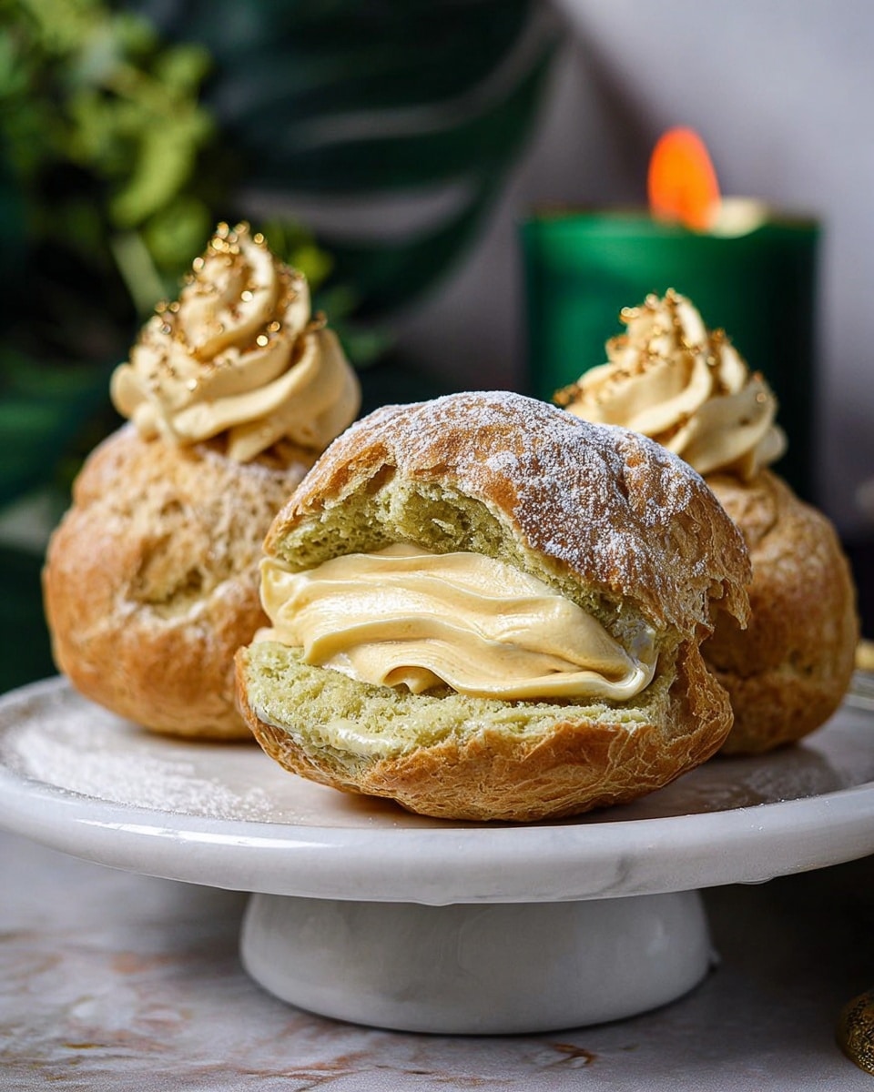 The image shows three cream puffs on a white pedestal plate with a white marbled background. Each cream puff has a rough, greenish outer shell dusted with light sugar. The front cream puff is cut open to show thick, smooth, pale yellow cream inside. All three have a swirl of light beige frosting on the top with a slight golden shimmer. In the blurred background, there is a green decorative candle with an orange flame. Photo taken with an iphone --ar 4:5 --v 7