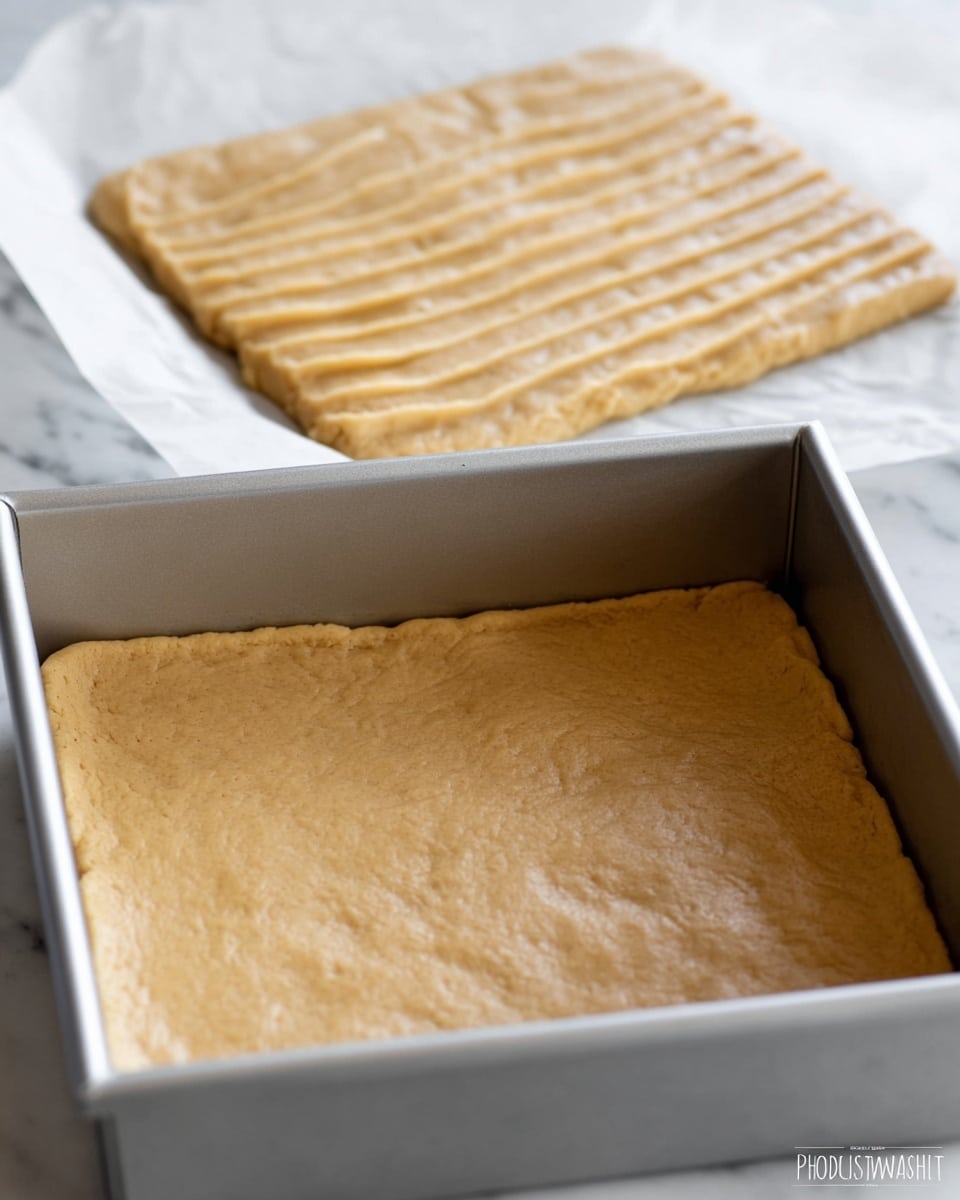 The image shows a close-up of a light brown dough pressed evenly into a silver square baking pan at the bottom, with slightly raised edges all around. Behind the pan, another flattened rectangular dough piece with soft, smooth texture rests on white parchment paper on a white marbled surface. The dough looks soft and evenly spread, ready for baking. The scene is bright and clear. photo taken with an iphone --ar 4:5 --v 7