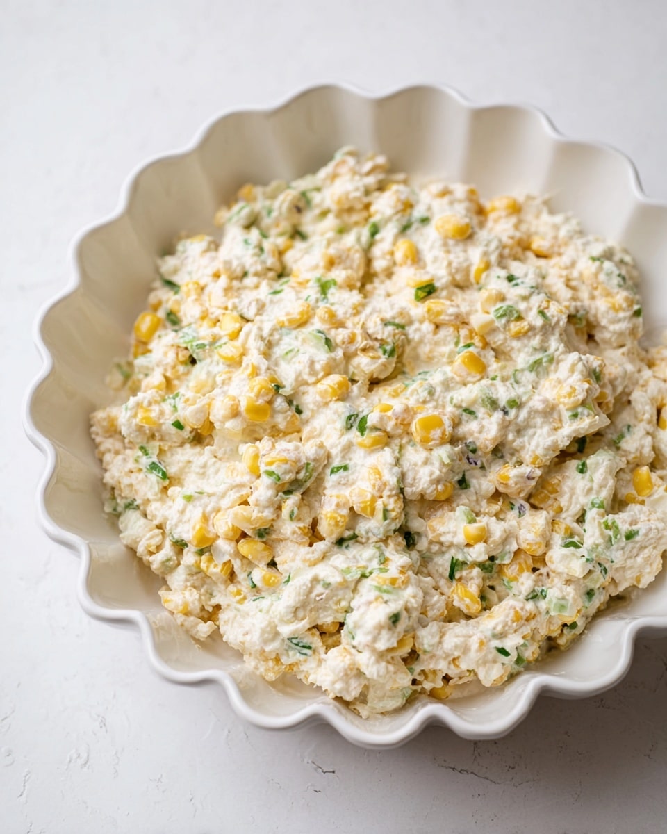 The image shows a white scalloped dish filled with a creamy mixture that is light off-white in color with visible pieces of yellow corn and small green herb bits spread throughout. The texture is soft and slightly chunky, with the mixture evenly spread across the dish, filling it almost to the edge. The dish sits on a white marbled surface, adding a clean and bright background. The overall presentation looks fresh and homemade, emphasizing the mix of corn and herbs in a creamy base, photo taken with an iphone --ar 4:5 --v 7
