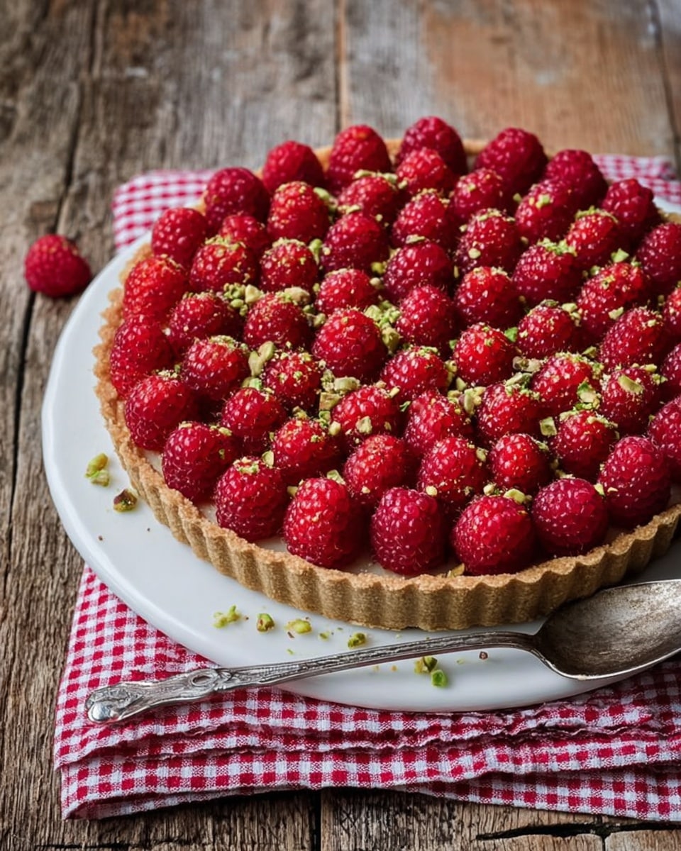 A round tart on a white plate sits on a red and white checkered cloth over a rustic wooden surface. The tart has a light brown crust visible on its edges, filled with a layer of bright red raspberries closely packed in neat rows covering the entire top. Small green pistachio bits are scattered lightly over the raspberries, adding color contrast. In front of the tart, a silver serving spoon rests, positioned diagonally. Photo taken with an iphone --ar 4:5 --v 7
