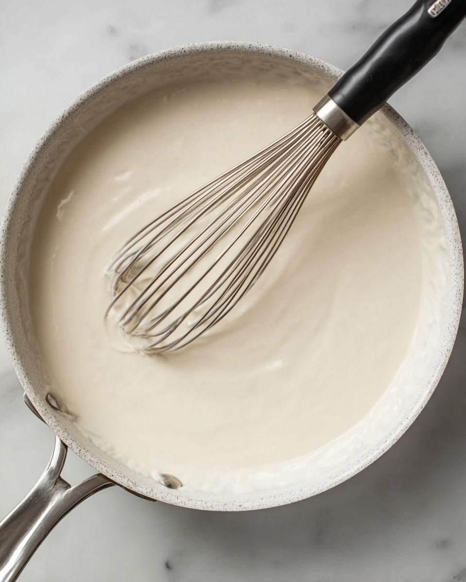 The image shows a close-up of a white metal pan filled with smooth, thick cream-colored sauce. A shiny silver whisk with a black handle rests in the sauce, partially covered by it. The pan is placed on a white marbled surface. There are no other items visible in the scene. photo taken with an iphone --ar 4:5 --v 7