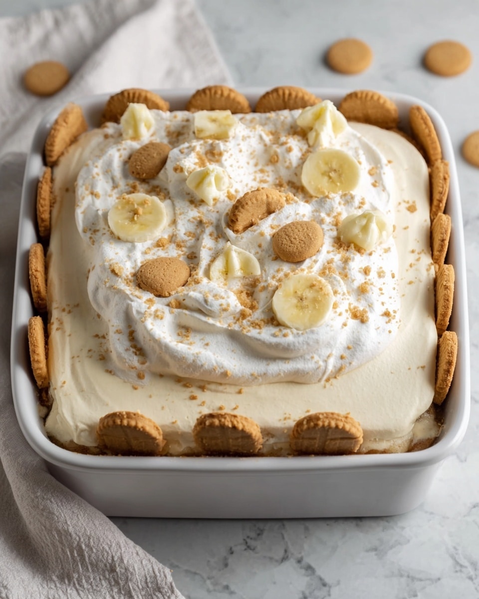 The image shows a square white baking dish filled with a layered dessert. The bottom layer, visible around the edges, consists of light brown cookies standing upright along the sides. Above that is a creamy beige layer covering the base inside the dish. On top of the creamy layer is a thick layer of white whipped cream spread evenly. The whipped cream is decorated with small round light brown cookies and sliced banana pieces scattered on top. The dessert is placed on a white marbled surface with a light-colored cloth partially visible on the left side. The overall look is soft and creamy with a mix of pale cream and yellow tones. Photo taken with an iphone --ar 4:5 --v 7