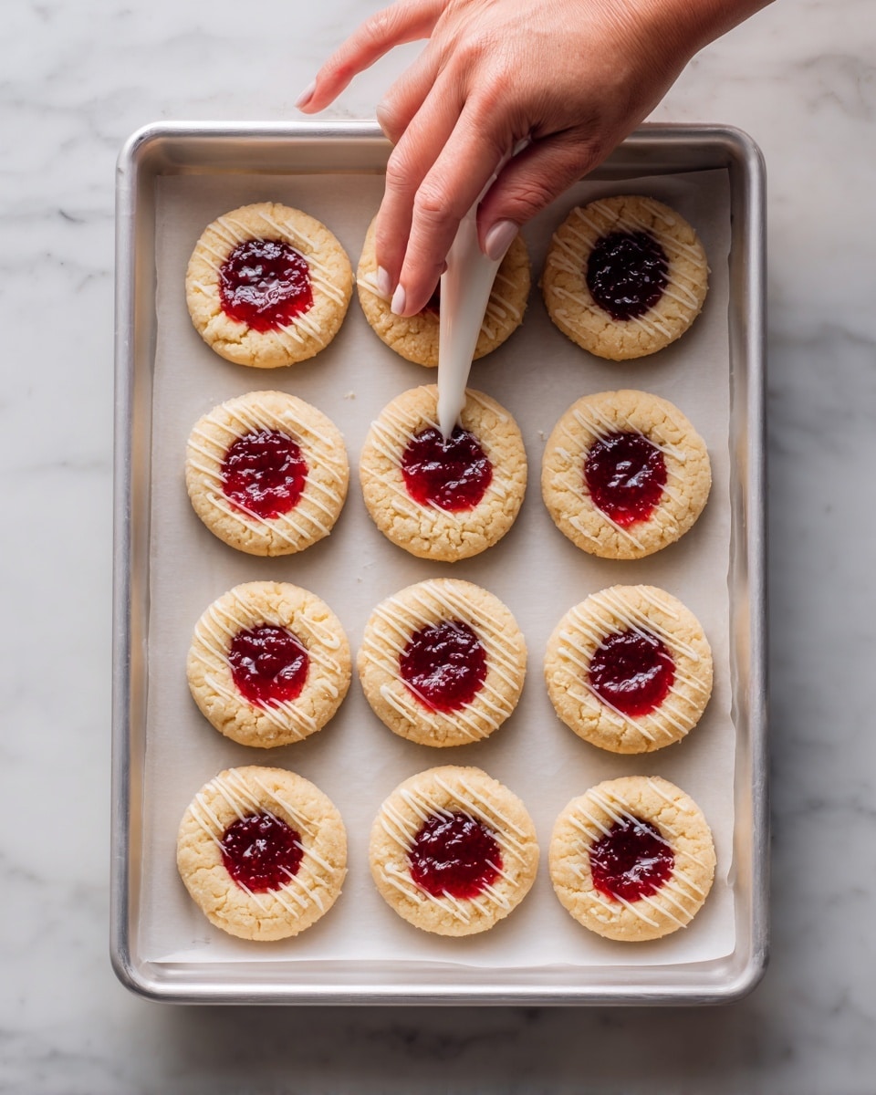 A white baking tray lined with parchment paper holds twelve round cookies, each with a golden-brown outer layer and a deep red jam center. The cookies are evenly spaced in rows. A woman's hand is shown above the tray, gently squeezing white icing from a piping bag, creating thin, diagonal lines over some of the cookies. The jam center has a glossy, slightly textured surface that contrasts with the smooth cookie edges. The scene is set on a white marbled surface. photo taken with an iphone --ar 4:5 --v 7