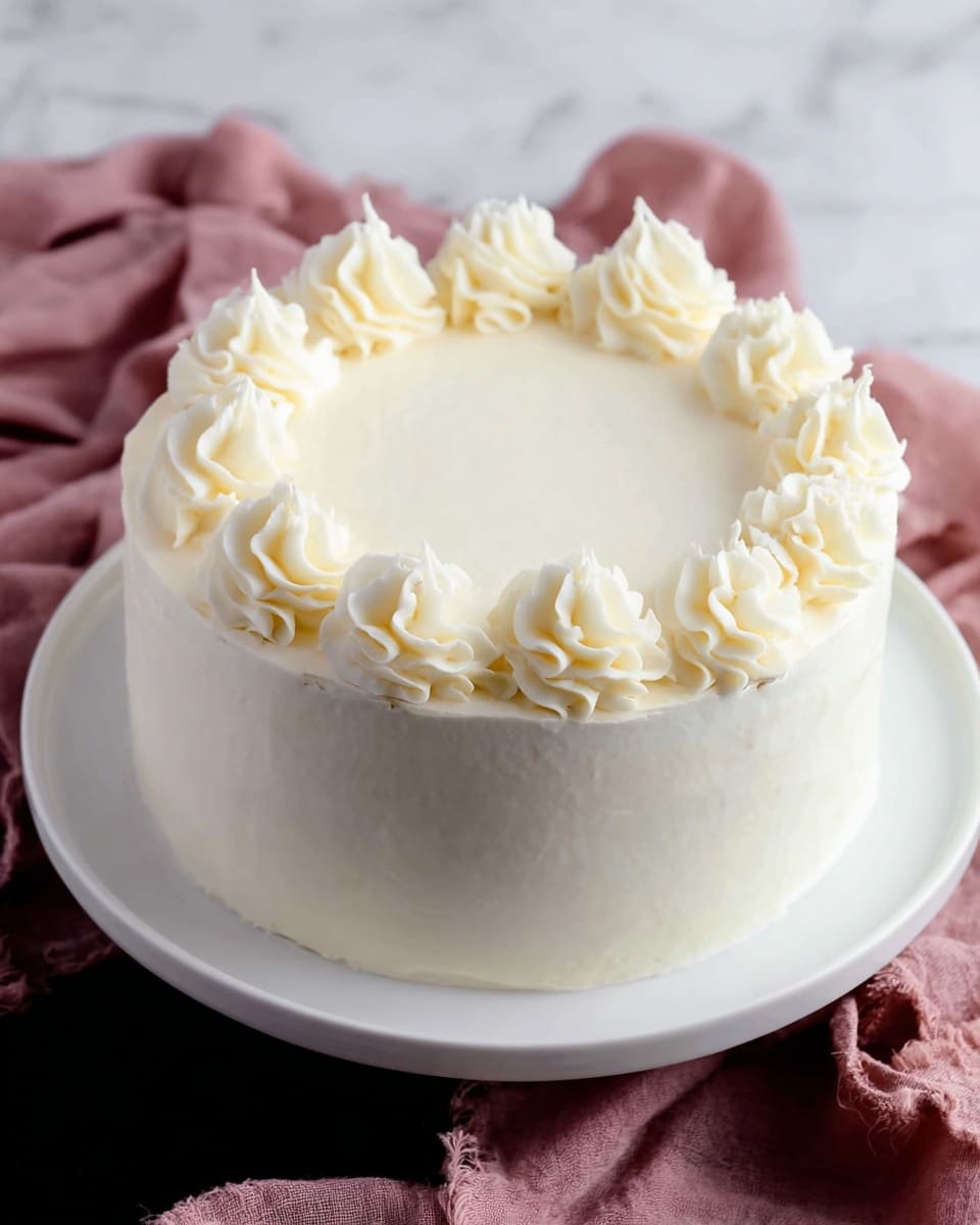 A round, two-layer cake covered smoothly with white frosting stands in the center of a white plate. On top, a ring of evenly spaced dollops of white whipped cream frosting decorates the edge, each with a soft and creamy texture. The background is a white marbled surface, and underneath the plate is a soft, wrinkled pink cloth. The cake looks simple, neat, and very clean. Photo taken with an iphone --ar 4:5 --v 7