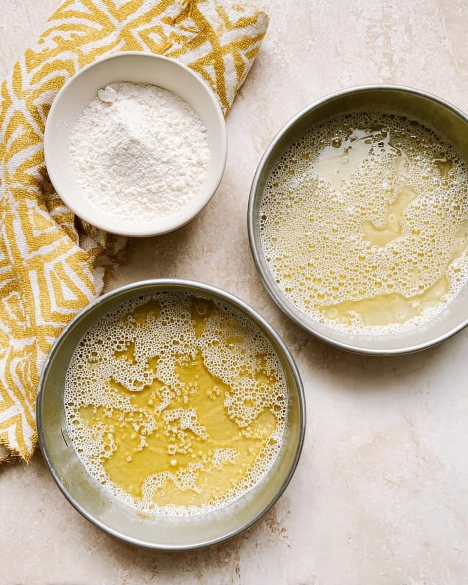 Two round metal baking pans are shown from above on a white marbled surface. Each pan has a layer of melted butter with bubbles and drips spread unevenly across the bottom. Above the pans to the left is a small white bowl filled with white flour, placed next to a folded towel with a yellow and white geometric pattern. The whole scene is lit softly, showing texture in the butter bubbles and the flour's powder. photo taken with an iphone --ar 4:5 --v 7