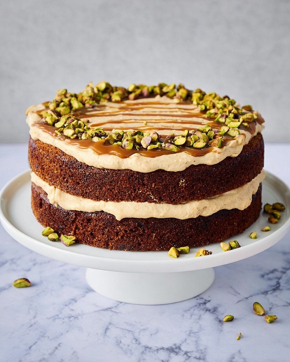 The image shows a two-layer round cake on a white cake stand, placed on a white marbled surface. The bottom layer is dark brown and the top layer is the same dark brown cake with a thick light brown cream filling between the layers. The top surface is covered with the same light brown cream, drizzled with a darker brown sauce, and surrounded by a ring of whole and chopped greenish-brown pistachio nuts. A few pistachio pieces are scattered on the cake stand. The background is plain light gray. Photo taken with an iphone --ar 4:5 --v 7