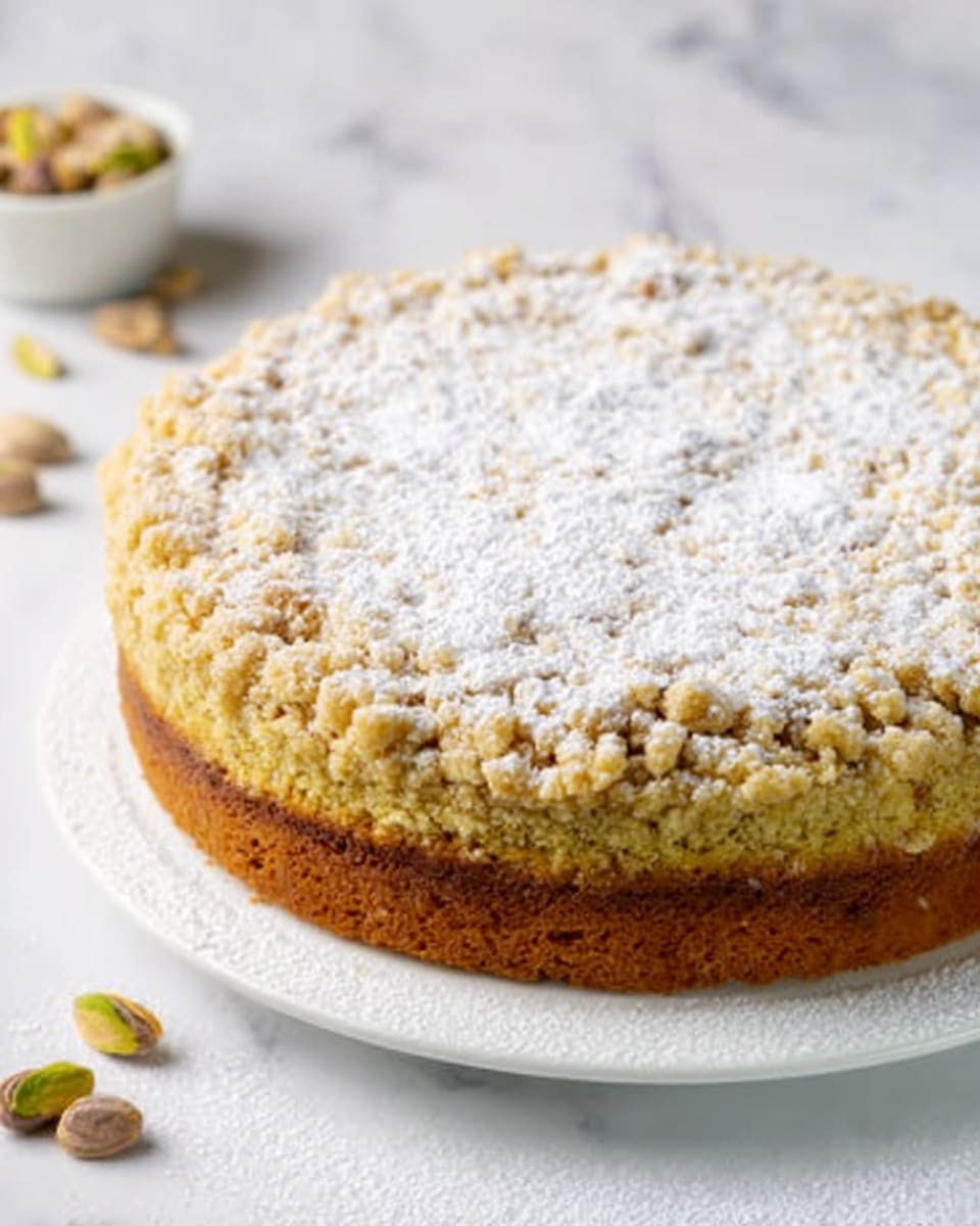 A round cake with a crumbly golden brown top layer dusted with powdered sugar sits on a white plate. The cake has two visible layers: a darker, denser bottom layer and a lighter, softer middle layer beneath the crumb topping. The texture of the crumb layer looks rough and uneven, with small chunks creating a crunchy appearance. The cake is placed on a white marbled surface, with a few pistachio nuts scattered nearby. Photo taken with an iphone --ar 4:5 --v 7