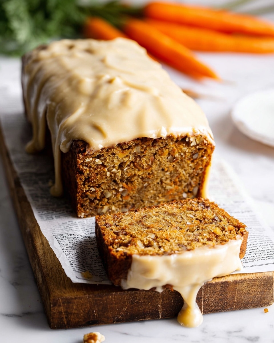 A loaf cake with two layers is shown, one whole loaf and one slice cut from the front. The cake is golden brown with a moist and slightly rough texture, dotted with pieces of nuts inside. On top, a thick layer of smooth, creamy beige frosting covers the entire surface, slightly dripping over the edges. The cake sits on a piece of old-fashioned newspaper on a wooden board, placed on a white marbled surface. In the blurred background, some bright orange carrots and green leaves add color. Photo taken with an iphone --ar 4:5 --v 7