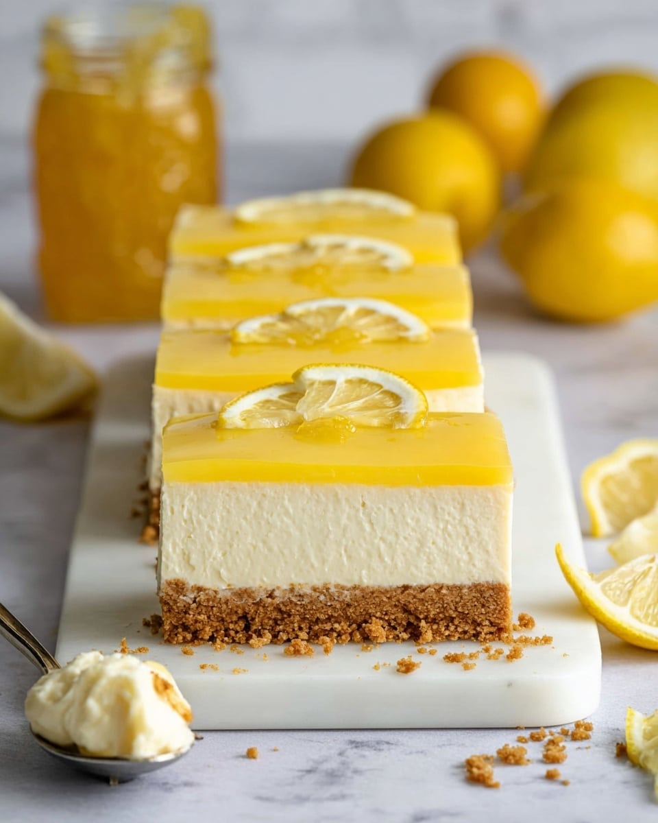 The image shows three thick slices of lemon cheesecake placed side by side on a white rectangular board with a few crumbs around it. Each slice has three layers: a rough-textured, medium-brown biscuit base, a thick and creamy off-white middle layer, and a smooth bright yellow lemon jelly layer on top. Small half lemon slices with visible texture sit evenly spaced on the top layer. In the background, several whole yellow lemons and a glass jar filled with yellow lemon jelly sit on a white marbled surface. A spoon with a scoop of the cheesecake rests near the foreground. Photo taken with an iphone --ar 4:5 --v 7