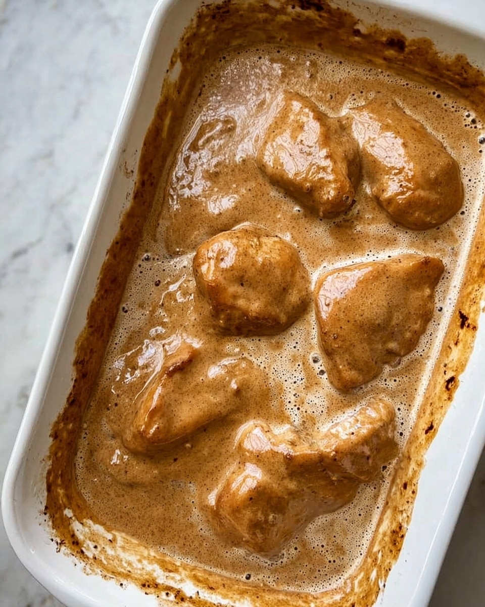 A white rectangular dish holds five pieces of brown chicken submerged in a thick, creamy brown sauce. The sauce has a smooth, slightly frothy texture with small bubbles and some speckles throughout. The edges of the dish have sauce stains and splashes, suggesting the dish has been stirred or poured. The background is a white marbled surface. Photo taken with an iphone --ar 4:5 --v 7
