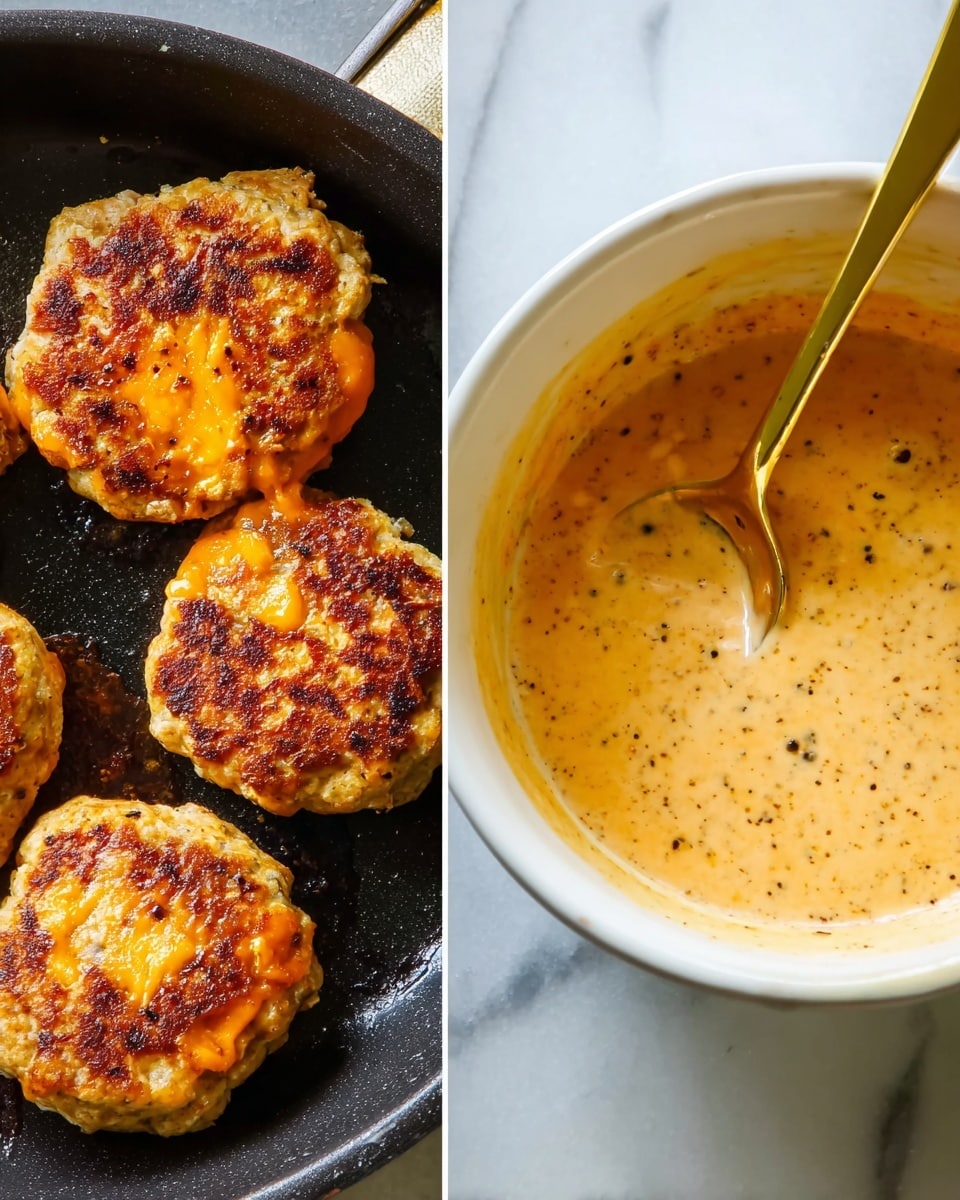 The image shows two parts: on the left, four golden brown patties with a slightly crispy texture sit on a black pan, each topped with melted orange cheese. On the right, there is a white bowl filled with a creamy sauce that is light orange with specks of black pepper, and a gold spoon is resting inside the bowl. The background is a white marbled surface. photo taken with an iphone --ar 4:5 --v 7